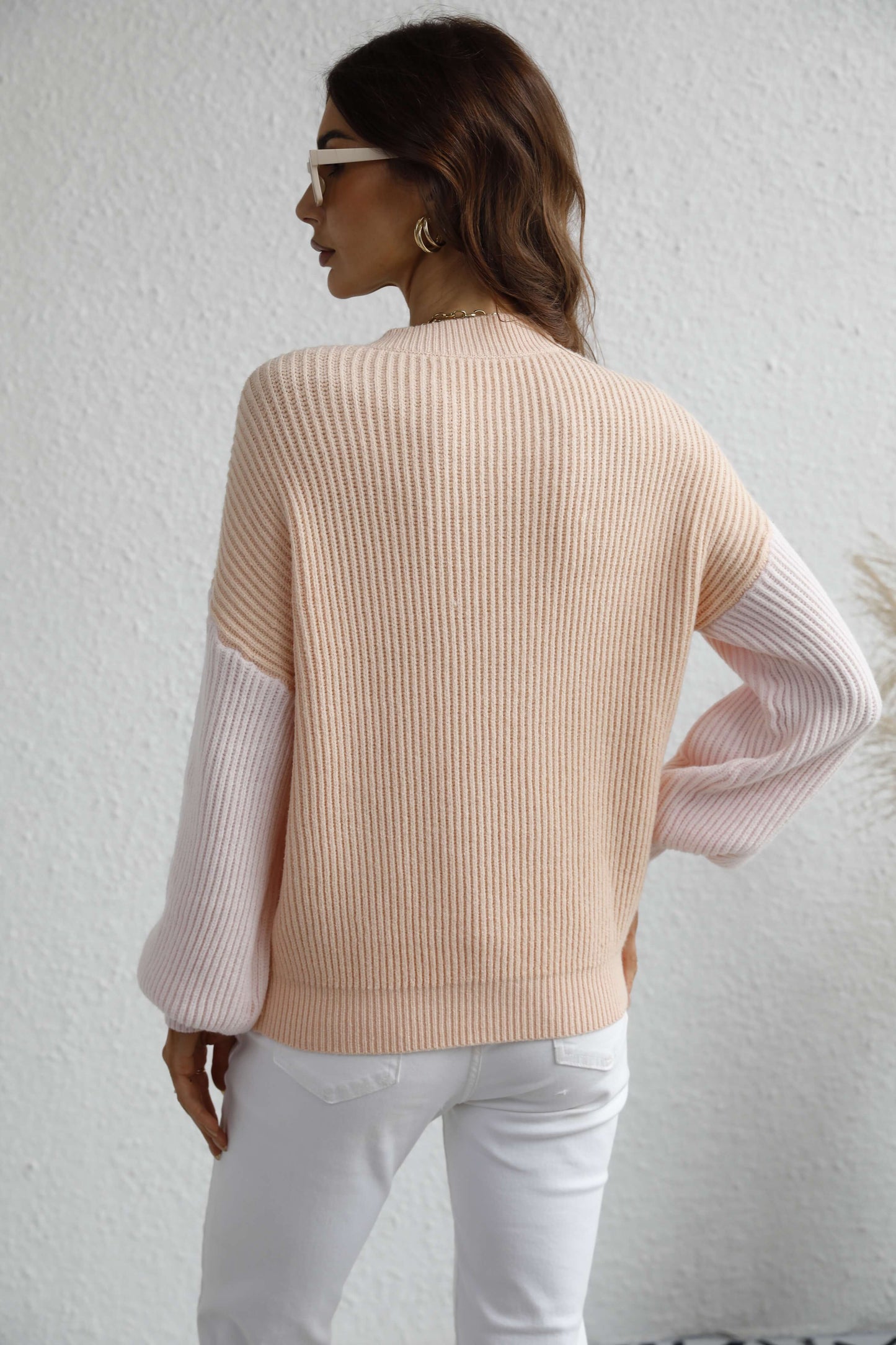 Two-Tone Rib-Knit Dropped Shoulder Sweater BLUE ZONE PLANET