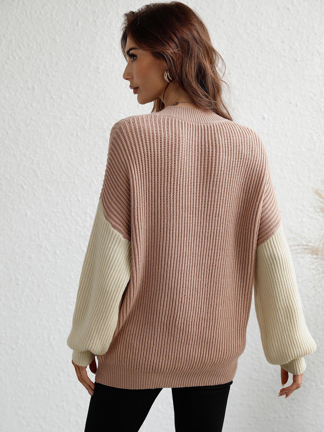 Two-Tone Rib-Knit Dropped Shoulder Sweater BLUE ZONE PLANET