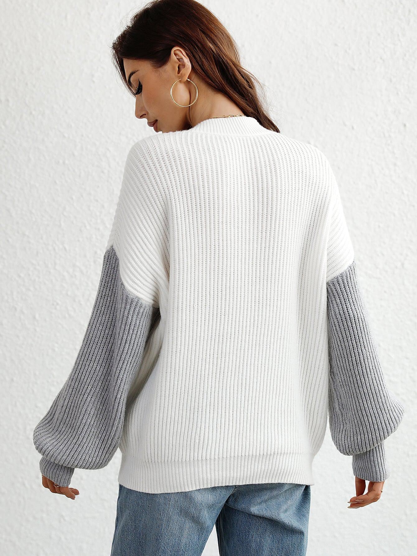 Two-Tone Rib-Knit Dropped Shoulder Sweater BLUE ZONE PLANET