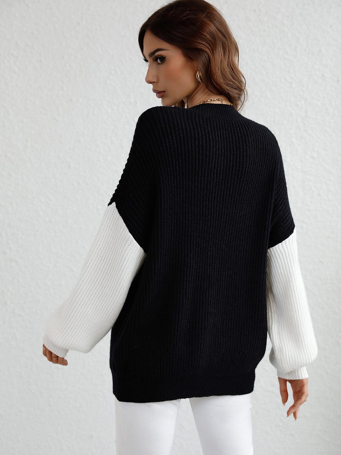 Two-Tone Rib-Knit Dropped Shoulder Sweater BLUE ZONE PLANET