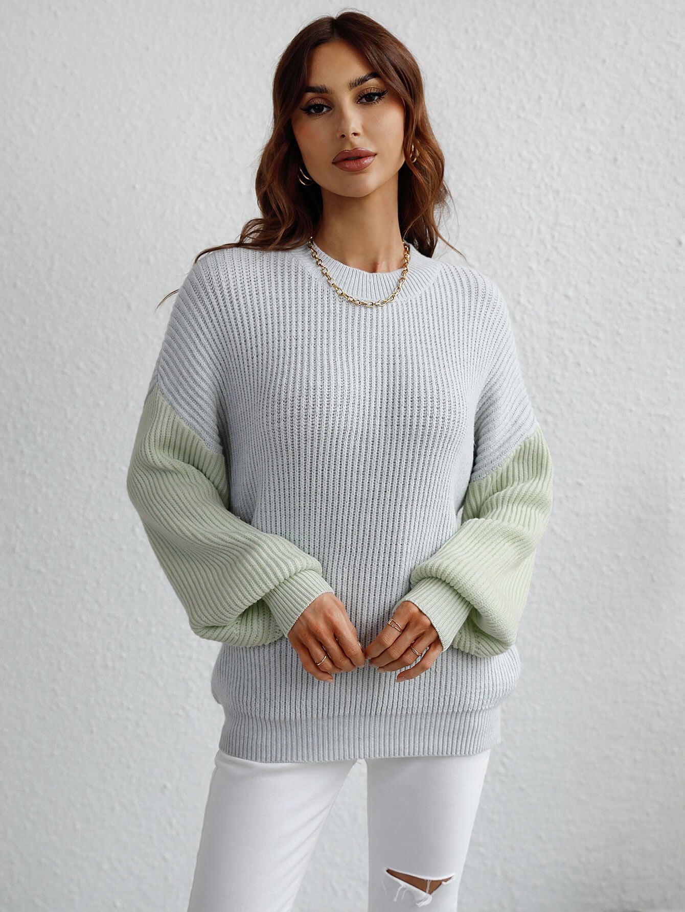 Two-Tone Rib-Knit Dropped Shoulder Sweater BLUE ZONE PLANET
