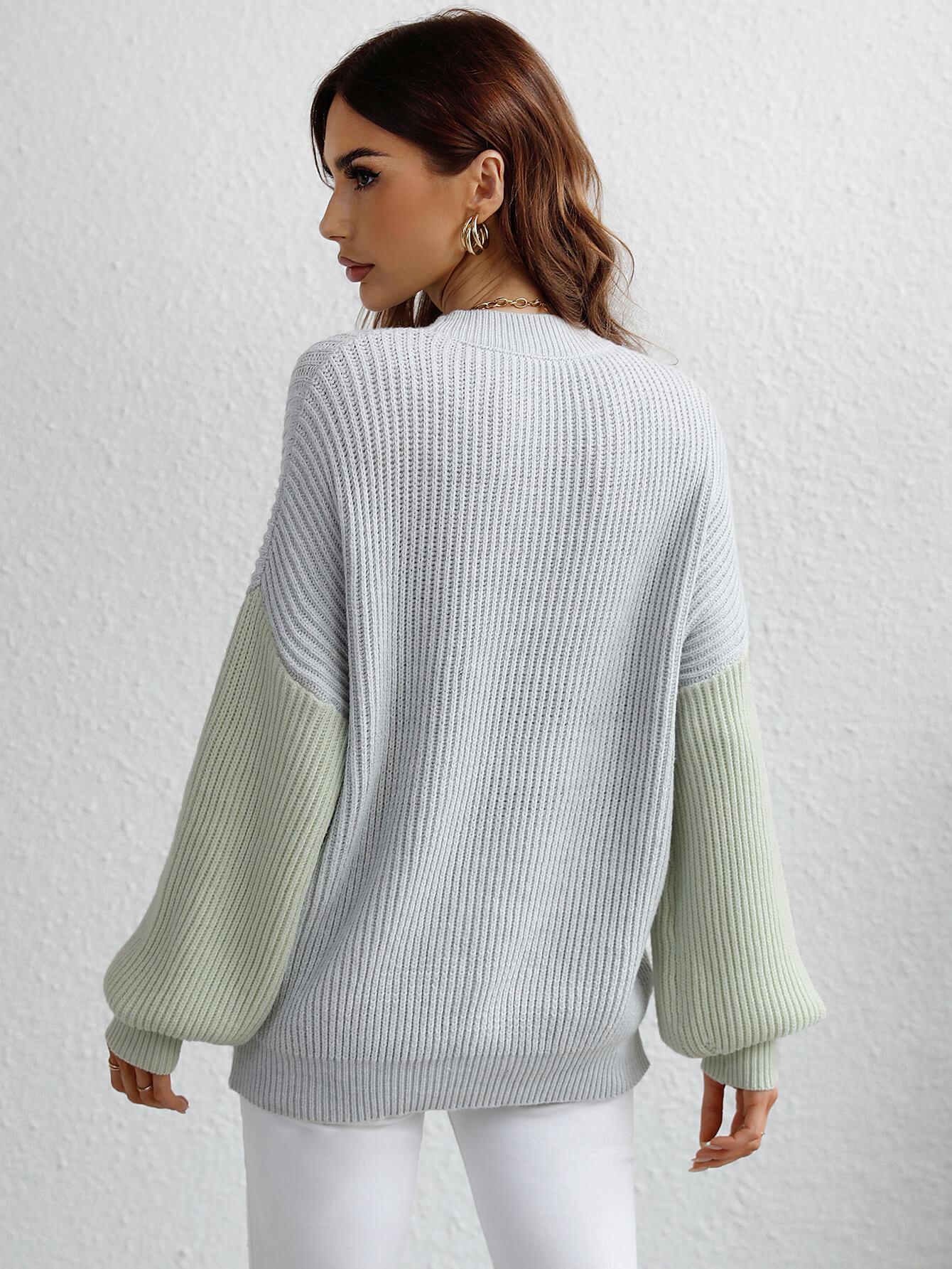 Two-Tone Rib-Knit Dropped Shoulder Sweater BLUE ZONE PLANET