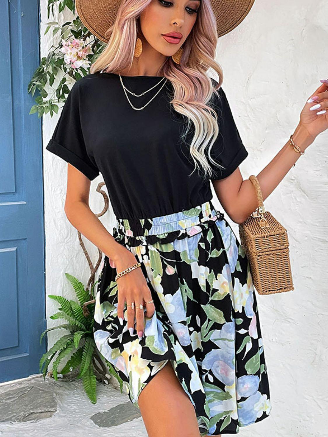 Two-Tone Round Neck Cuffed Sleeve Dress BLUE ZONE PLANET