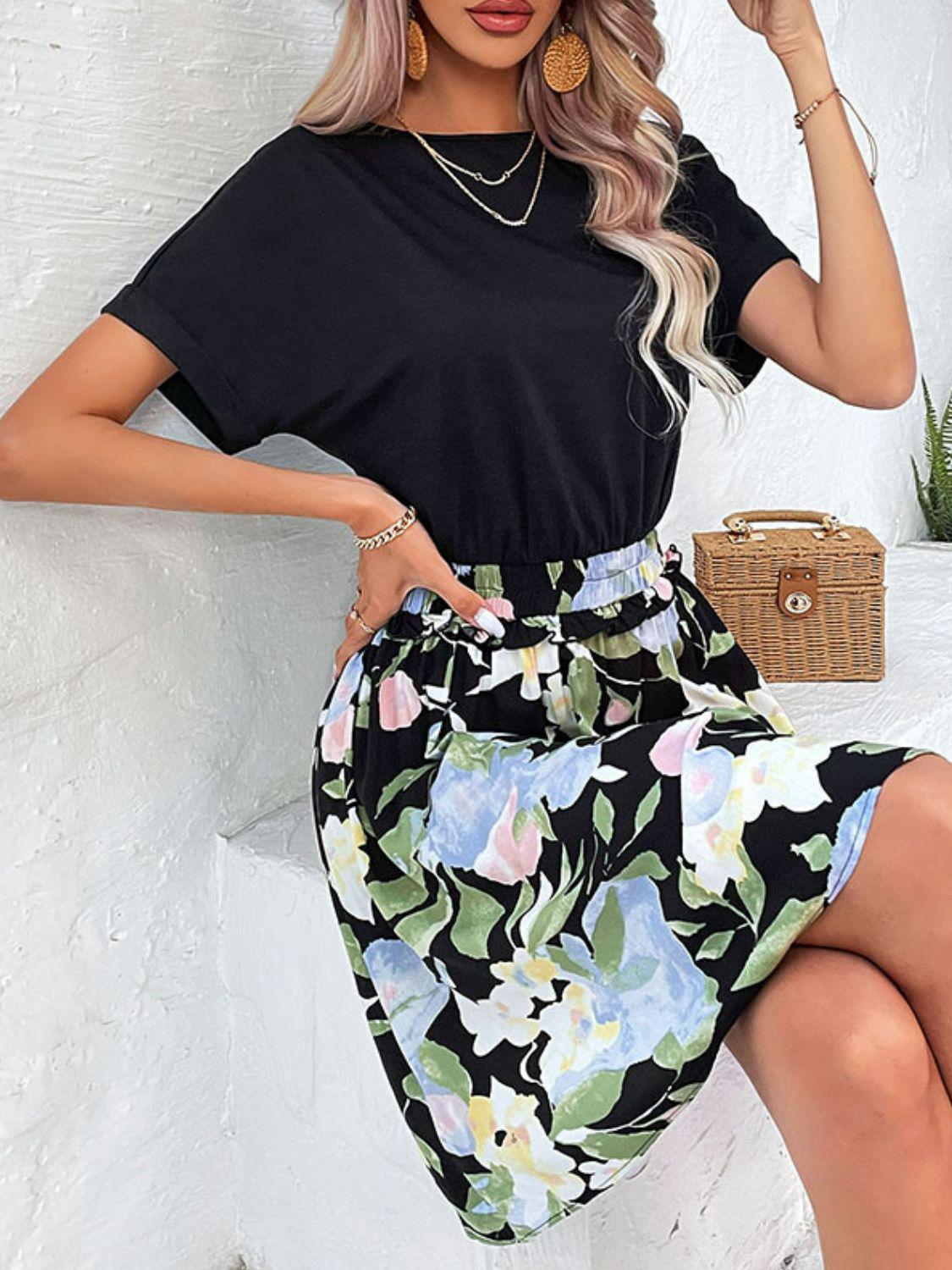 Two-Tone Round Neck Cuffed Sleeve Dress BLUE ZONE PLANET