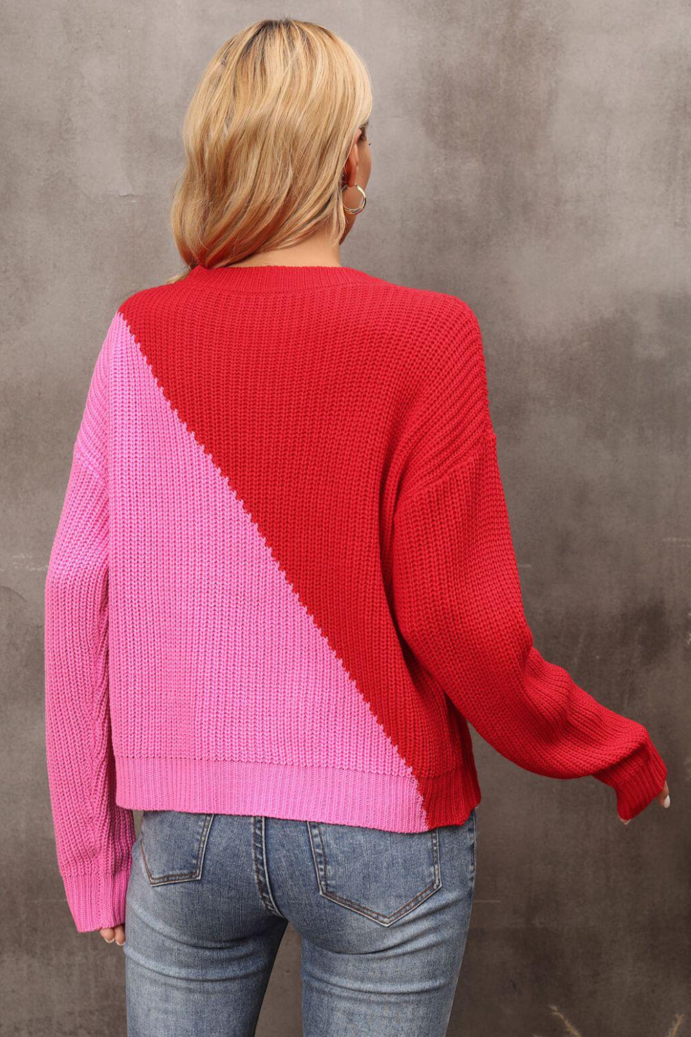 Two-Tone Round Neck Dropped Shoulder Sweater BLUE ZONE PLANET