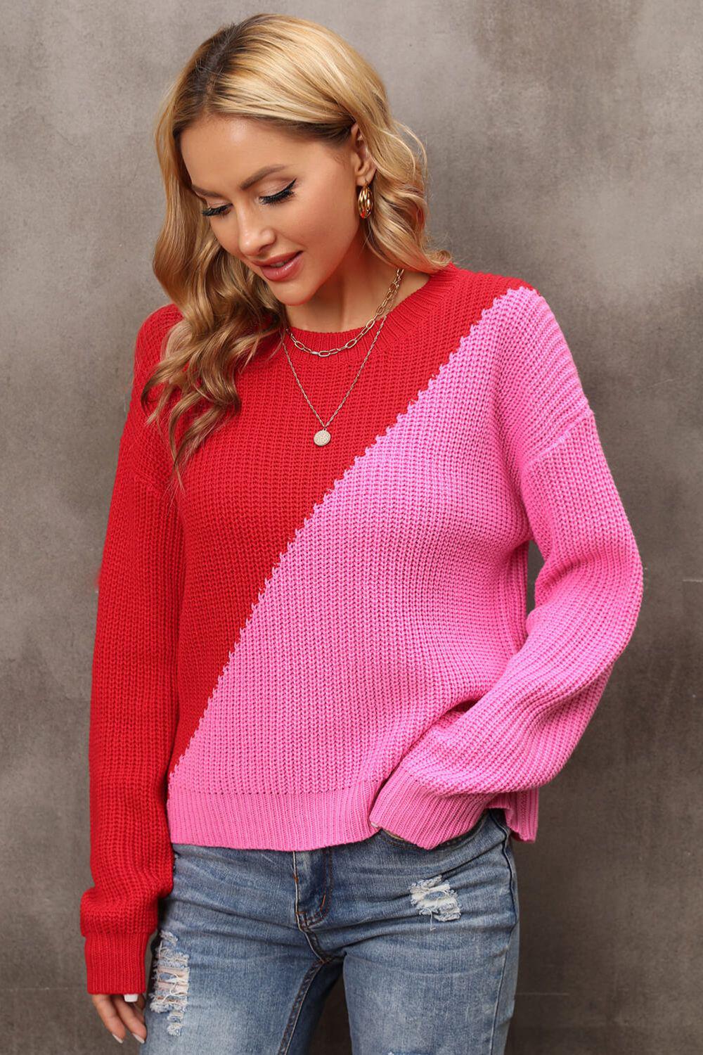 Two-Tone Round Neck Dropped Shoulder Sweater BLUE ZONE PLANET