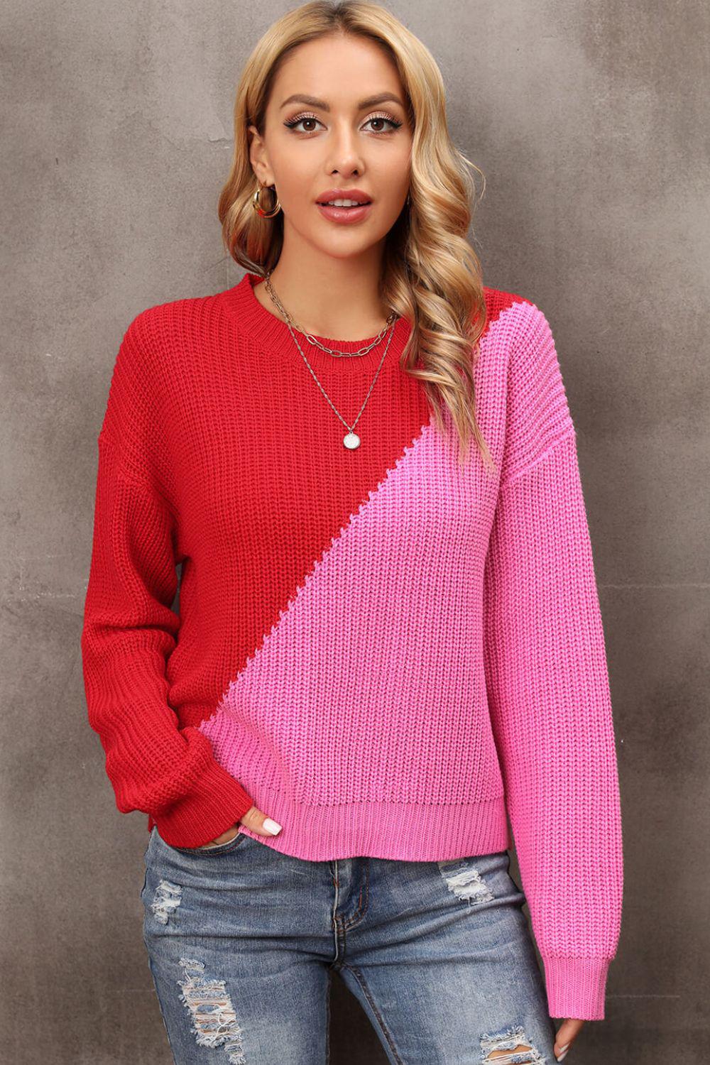 Two-Tone Round Neck Dropped Shoulder Sweater BLUE ZONE PLANET