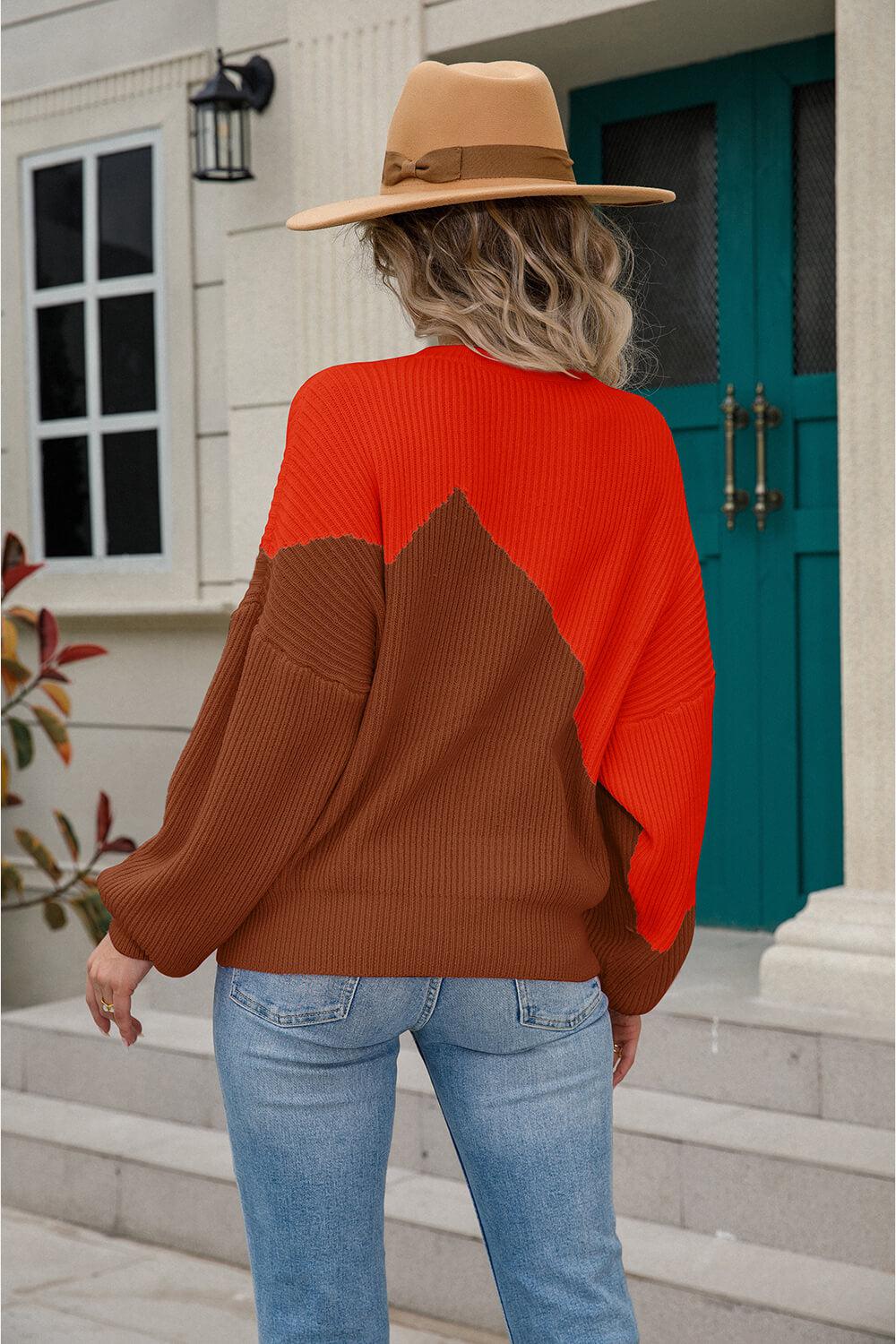 Two-Tone Round Neck Ribbed Sweater BLUE ZONE PLANET