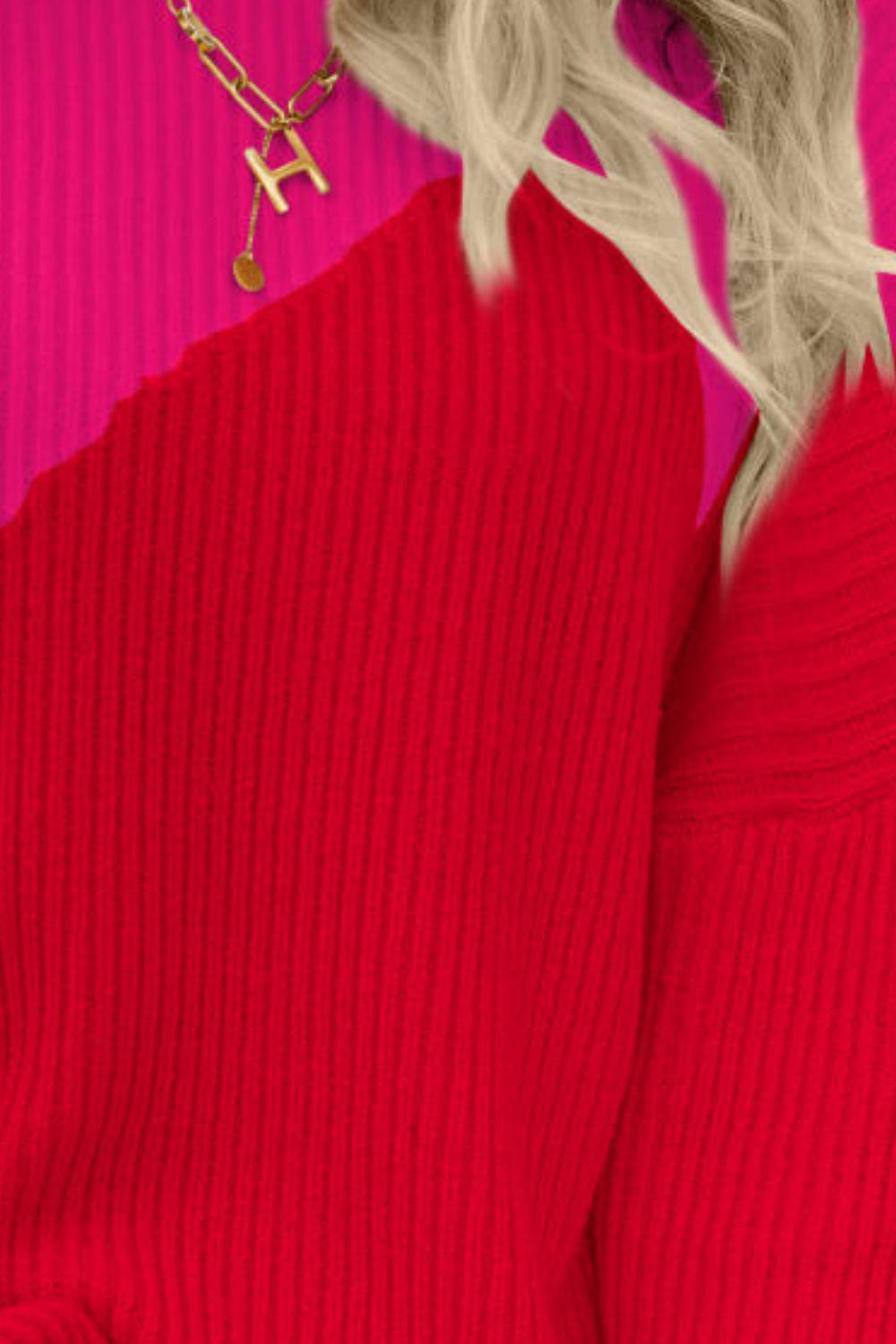 Two-Tone Round Neck Ribbed Sweater BLUE ZONE PLANET