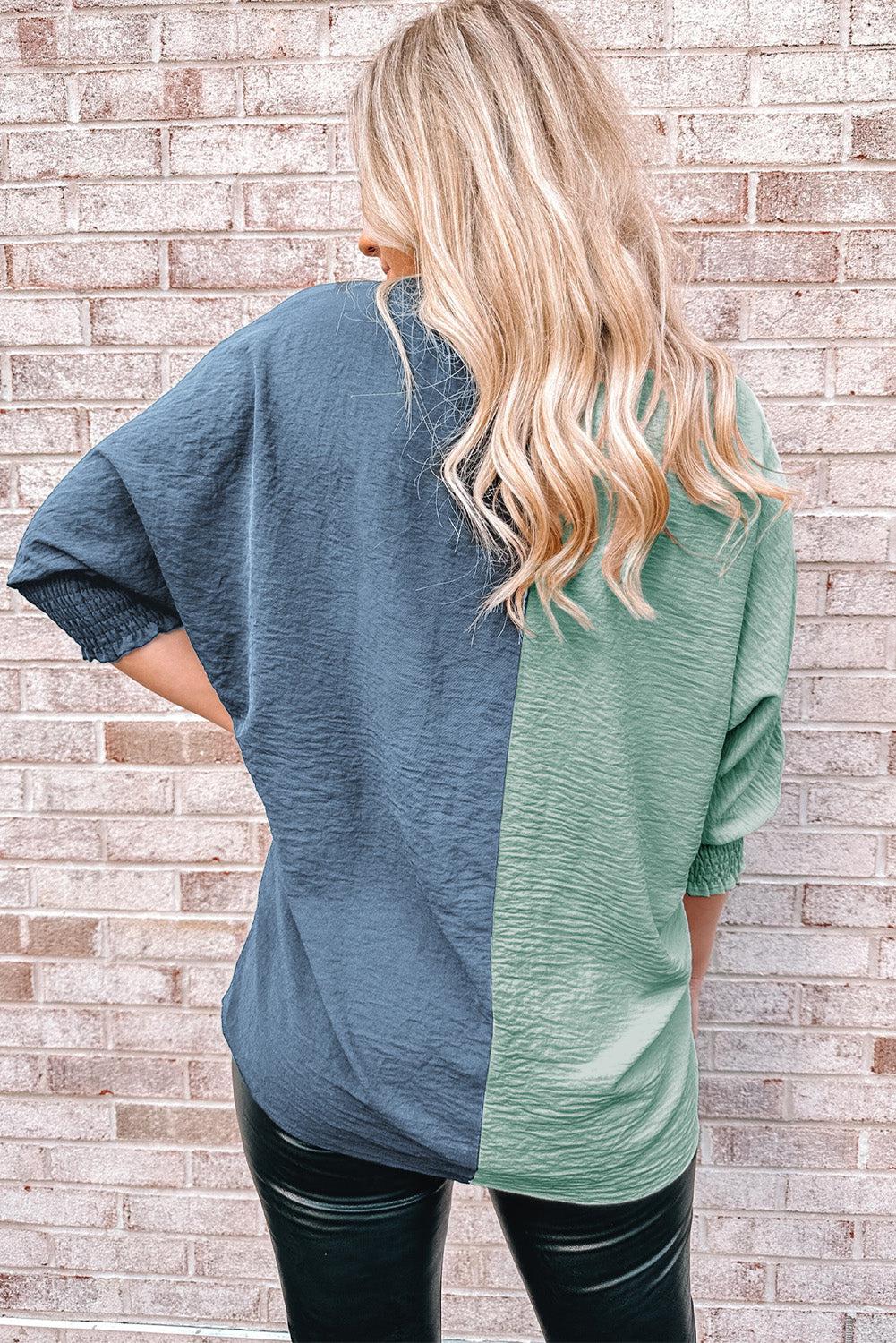 Two-Tone Textured V-Neck Blouse BLUE ZONE PLANET