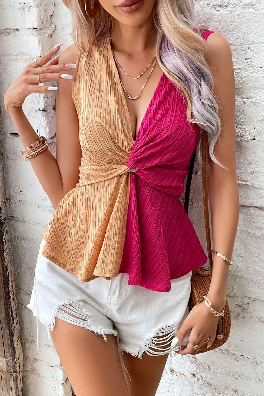 Two-Tone Twisted Plunge Peplum Sleeveless Top BLUE ZONE PLANET