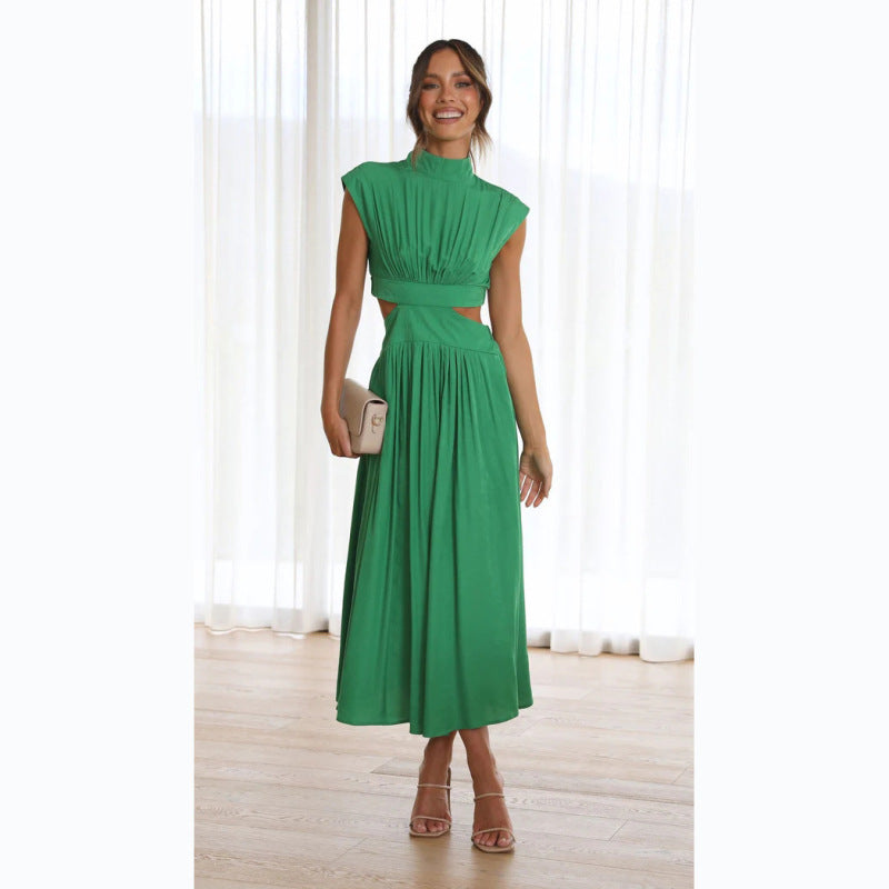Blue Zone Planet | Stand Collar Macaron Open Waist Pleated Long Dress kakaclo