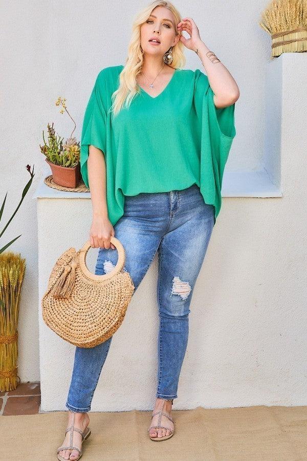V Neck Dolman Sleeves Front Waist Elastic Solid Top Blue Zone Planet