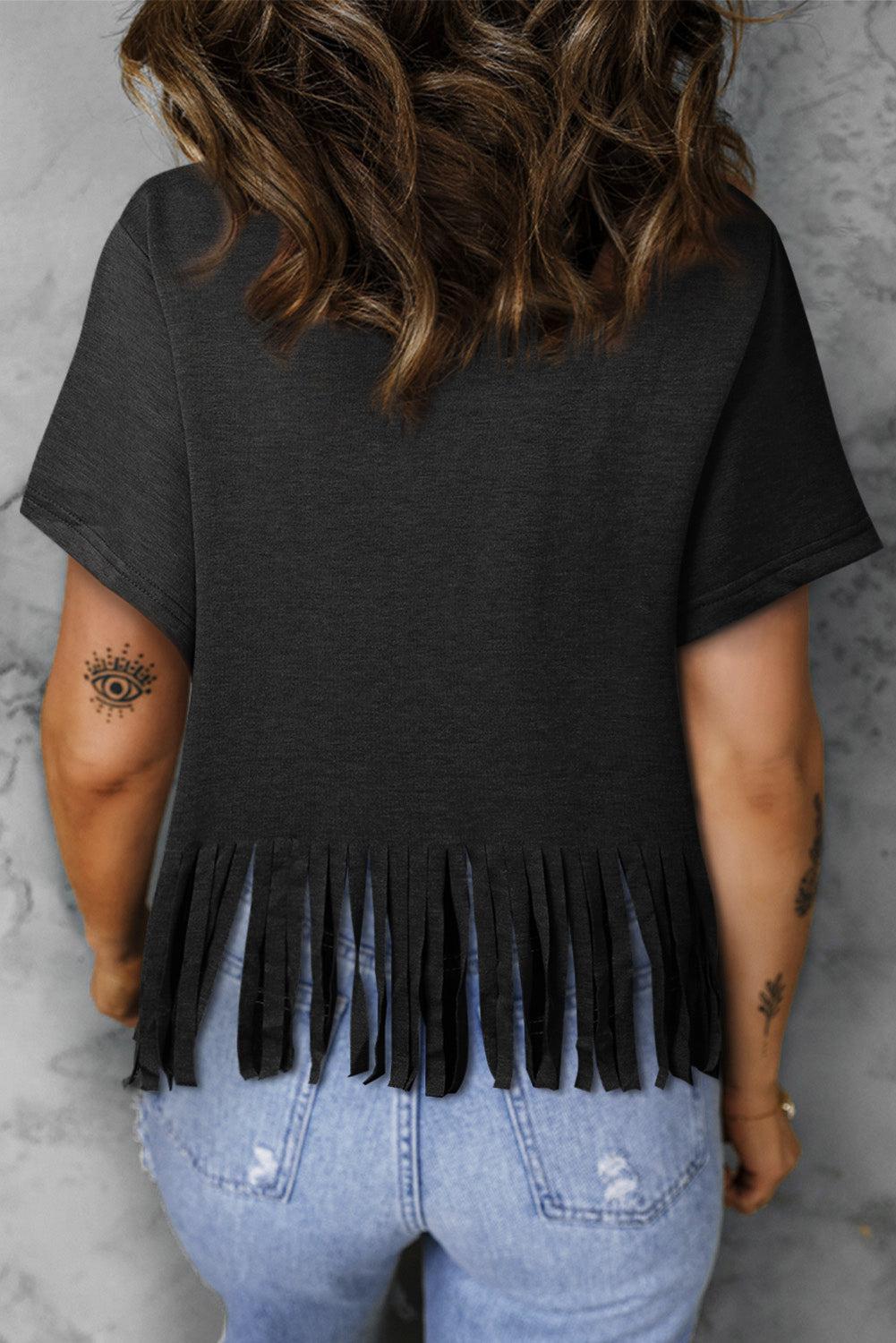 V-Neck Fringe Hem T-Shirt BLUE ZONE PLANET