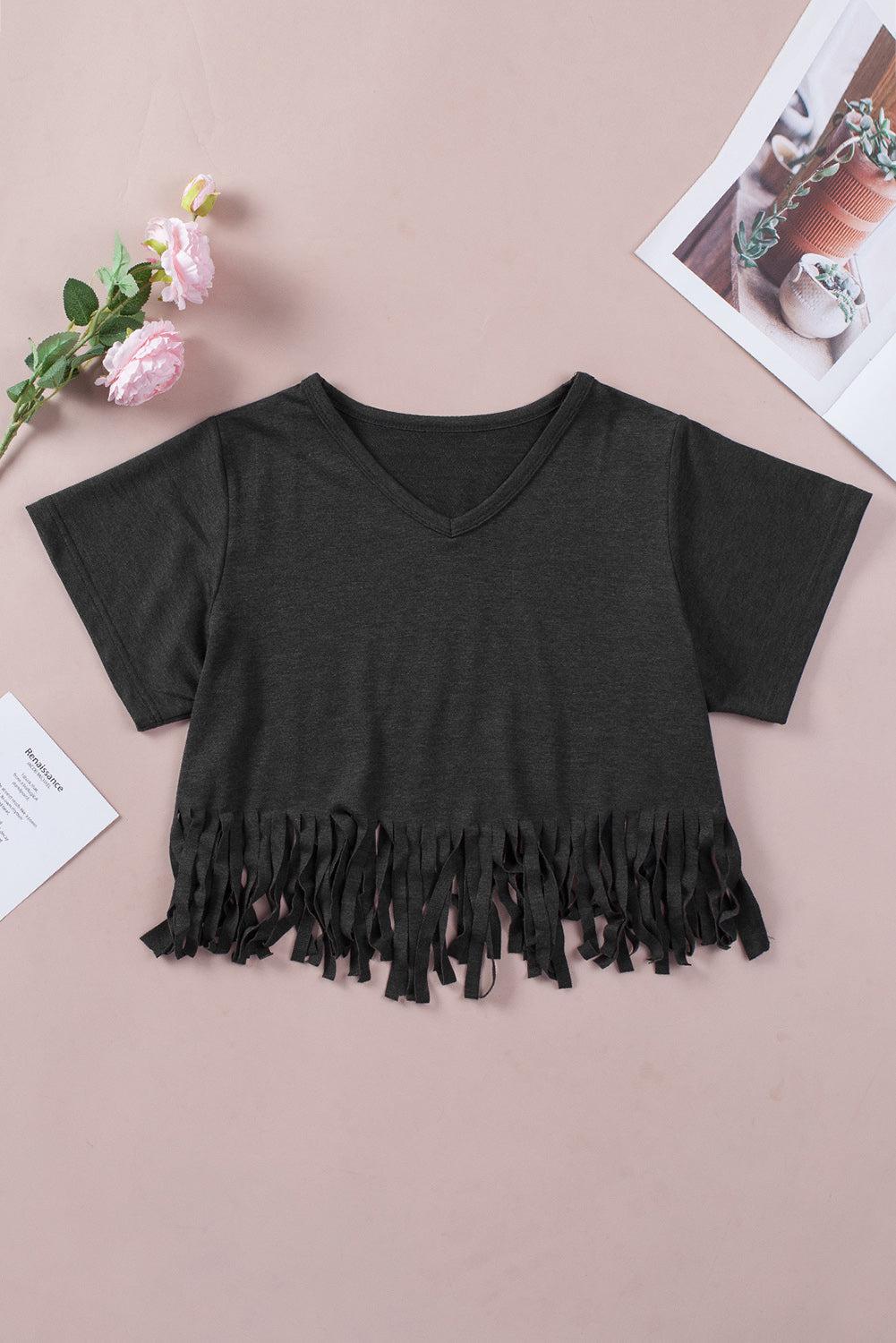 V-Neck Fringe Hem T-Shirt BLUE ZONE PLANET