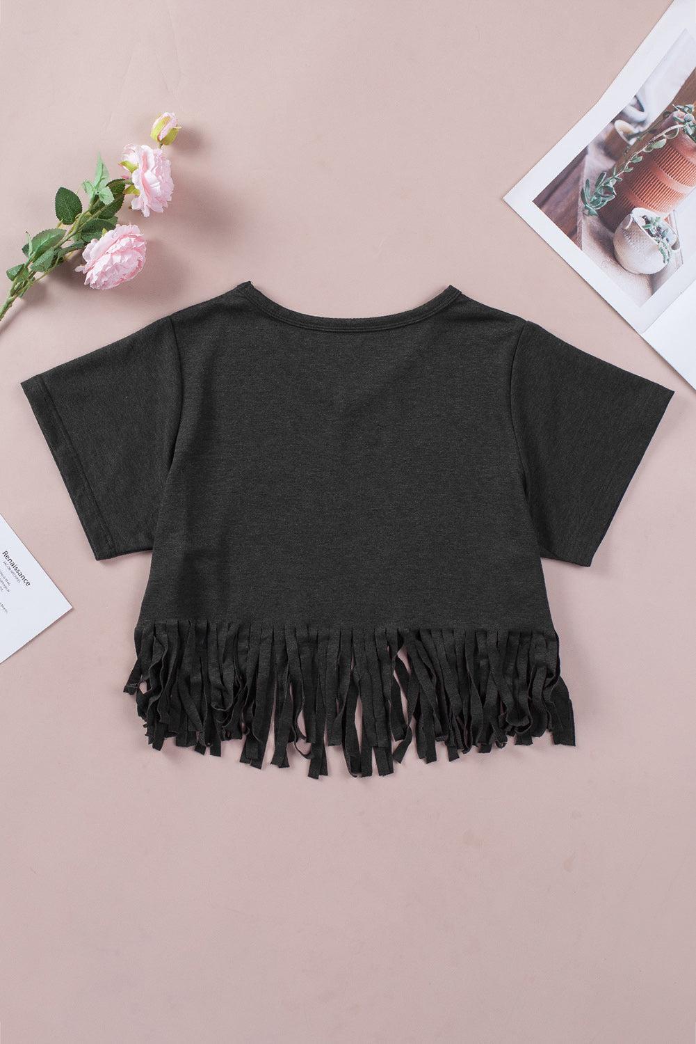 V-Neck Fringe Hem T-Shirt BLUE ZONE PLANET