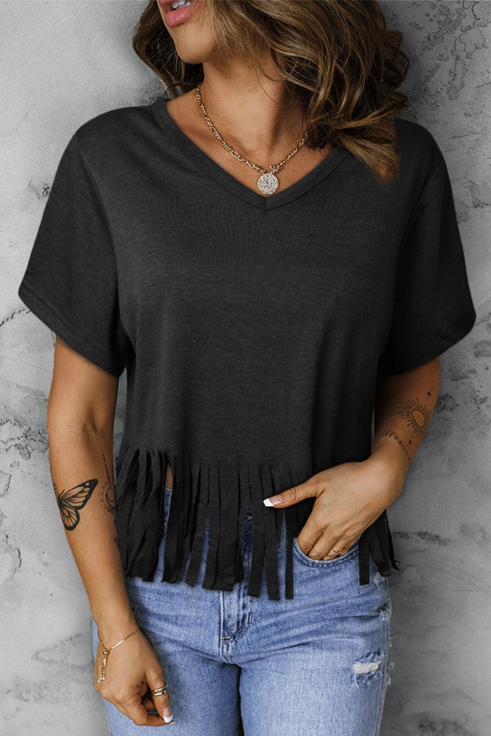 V-Neck Fringe Hem T-Shirt BLUE ZONE PLANET
