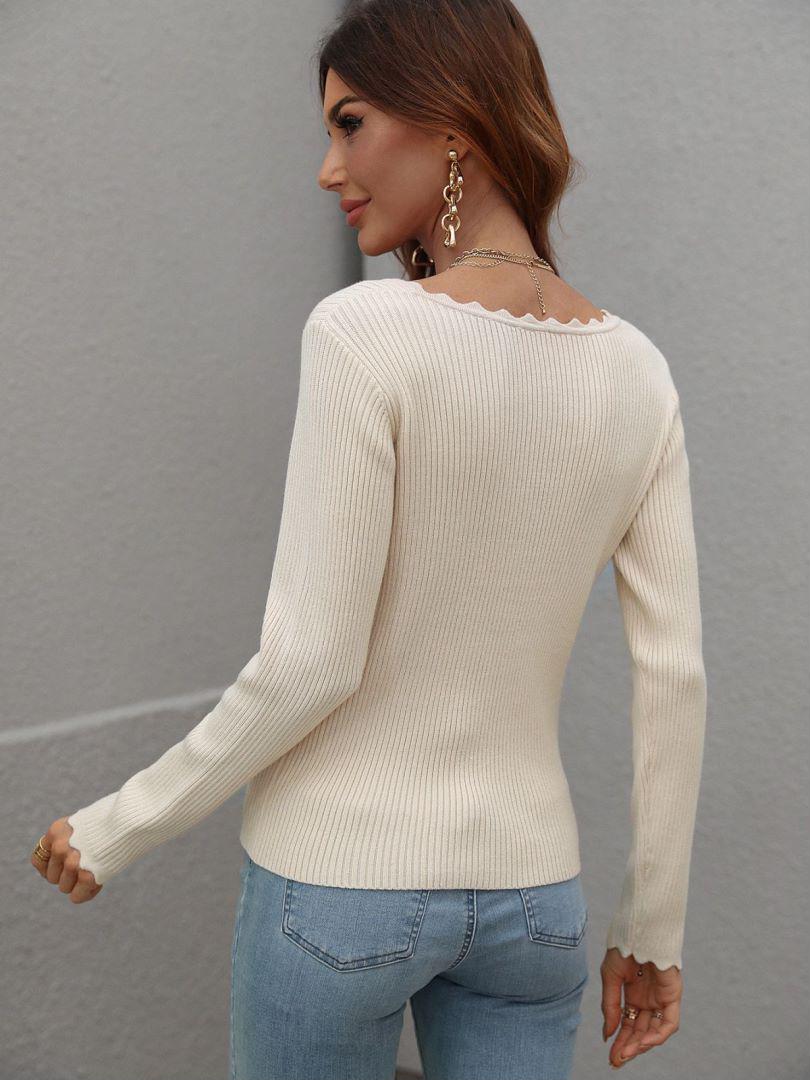 V-Neck Ribbed Knit Top BLUE ZONE PLANET
