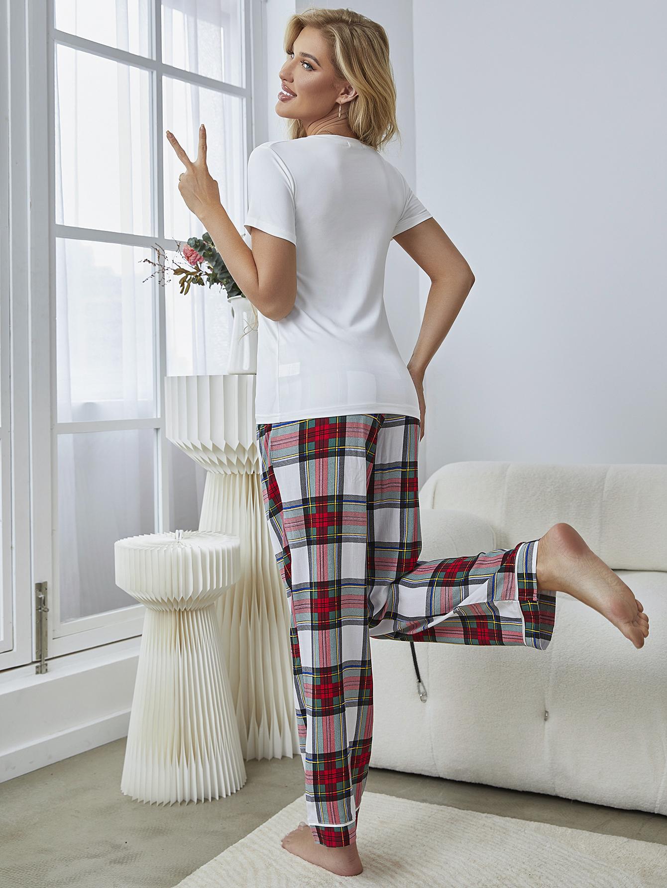 V-Neck Tee and Plaid Pants Lounge Set BLUE ZONE PLANET