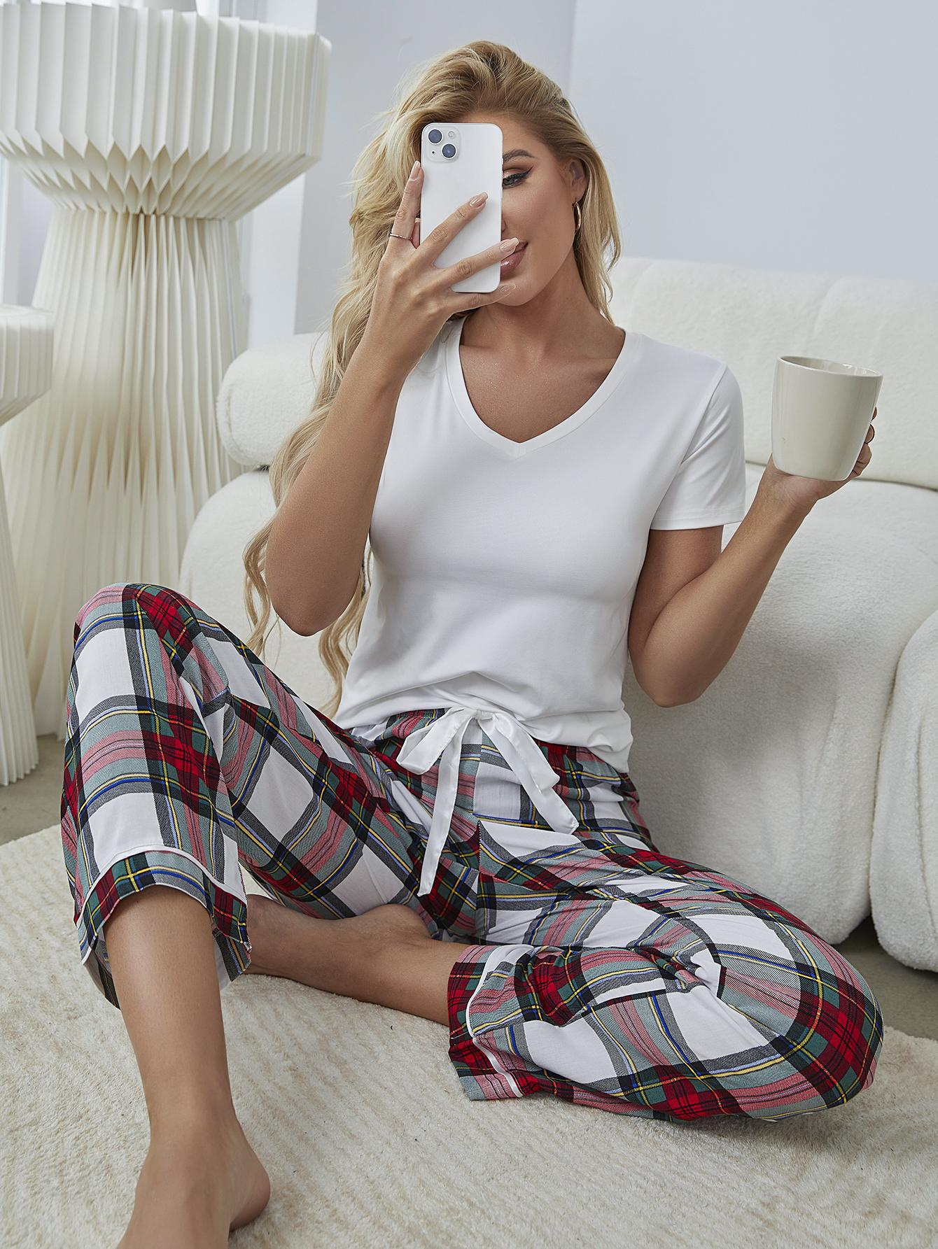 V-Neck Tee and Plaid Pants Lounge Set BLUE ZONE PLANET