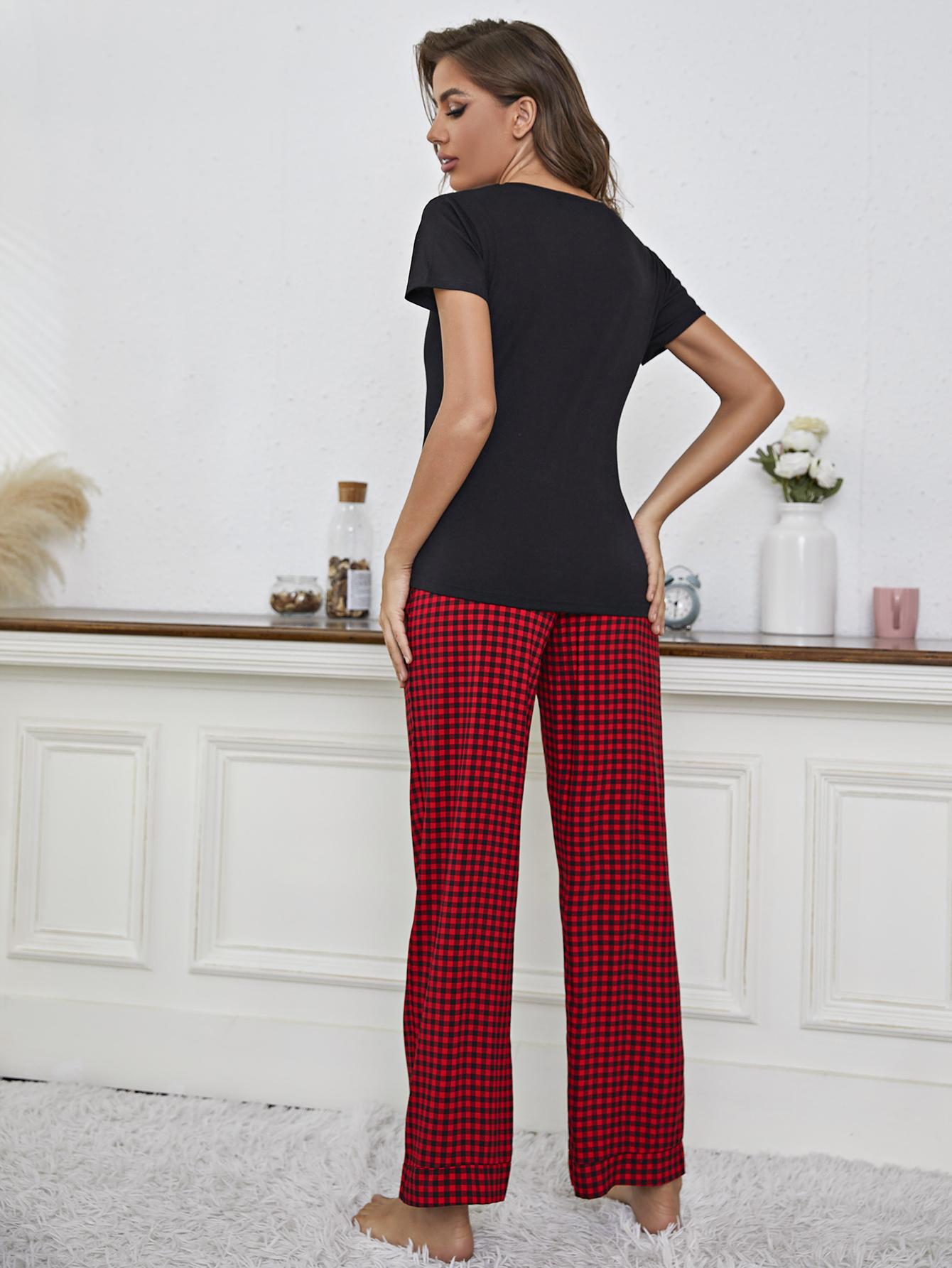 V-Neck Top and Gingham Pants Lounge Set BLUE ZONE PLANET