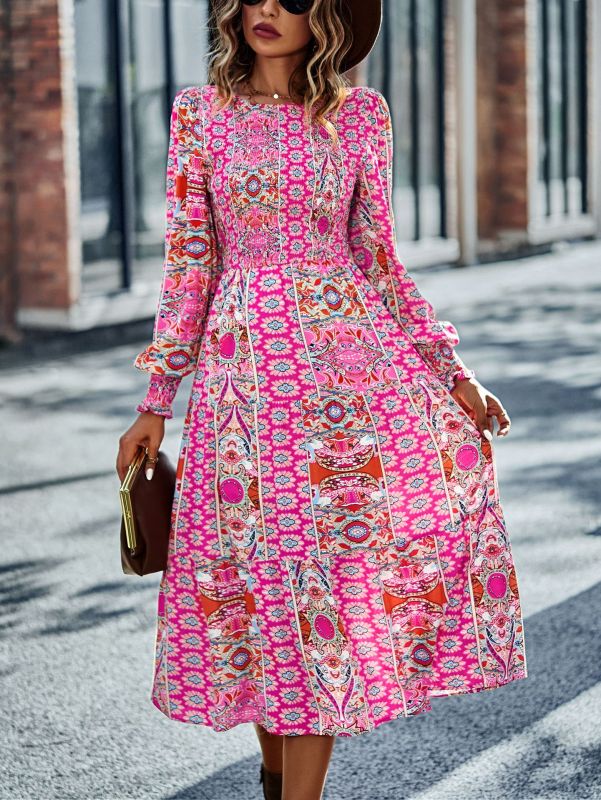 Blue Zone Planet | Bohemian Round Neck Dress Spring and Autumn Seasons Arrival Swing Skirt kakaclo