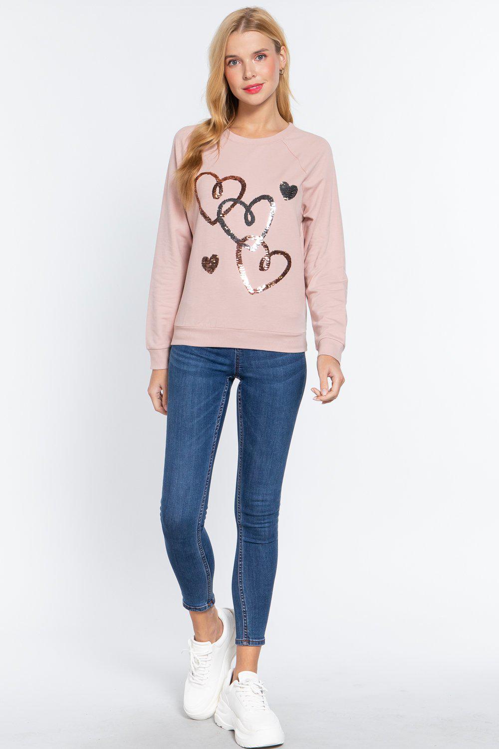 Valentine Hearts Sequins French Terry Pullover Top Blue Zone Planet