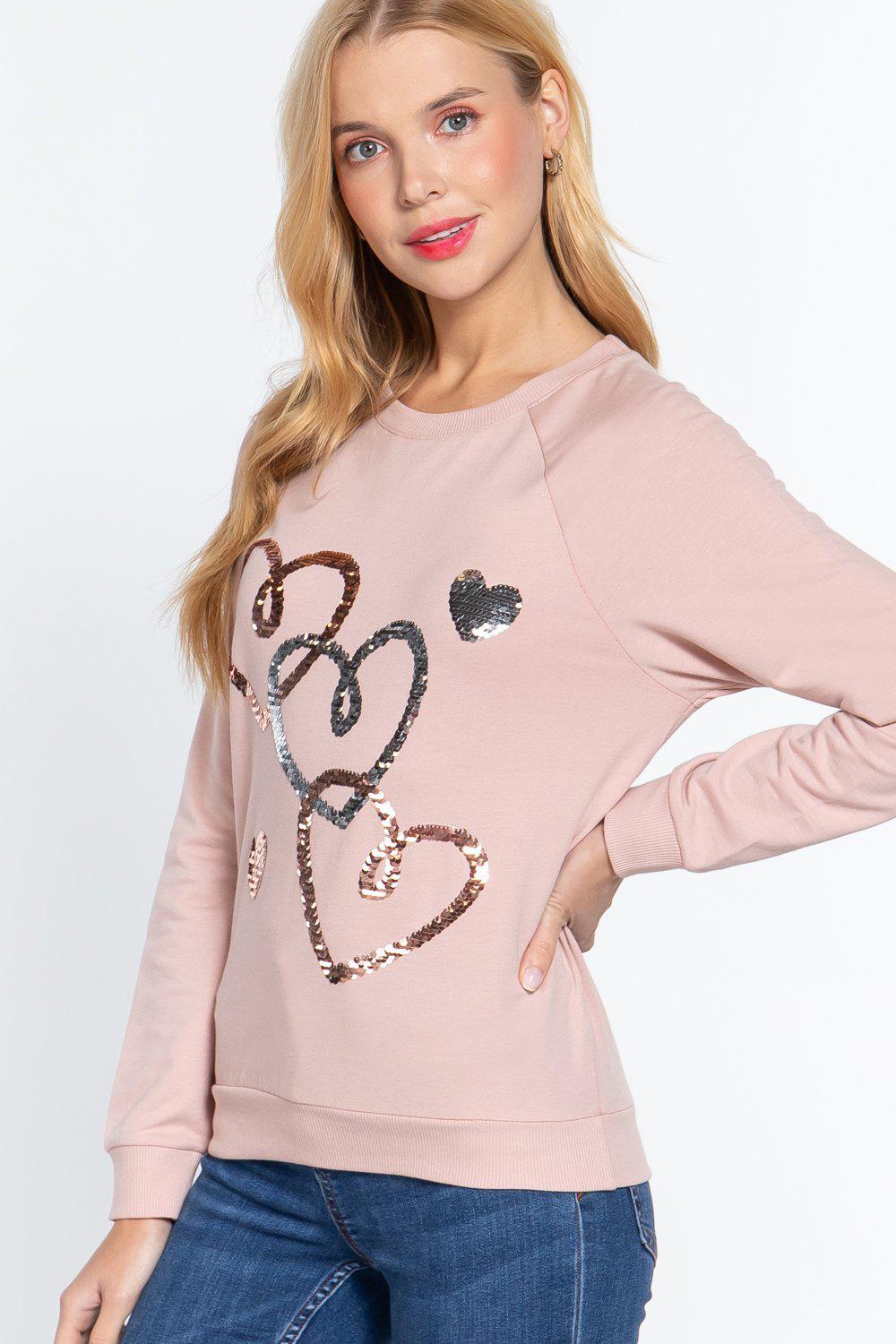 Valentine Hearts Sequins French Terry Pullover Top Blue Zone Planet