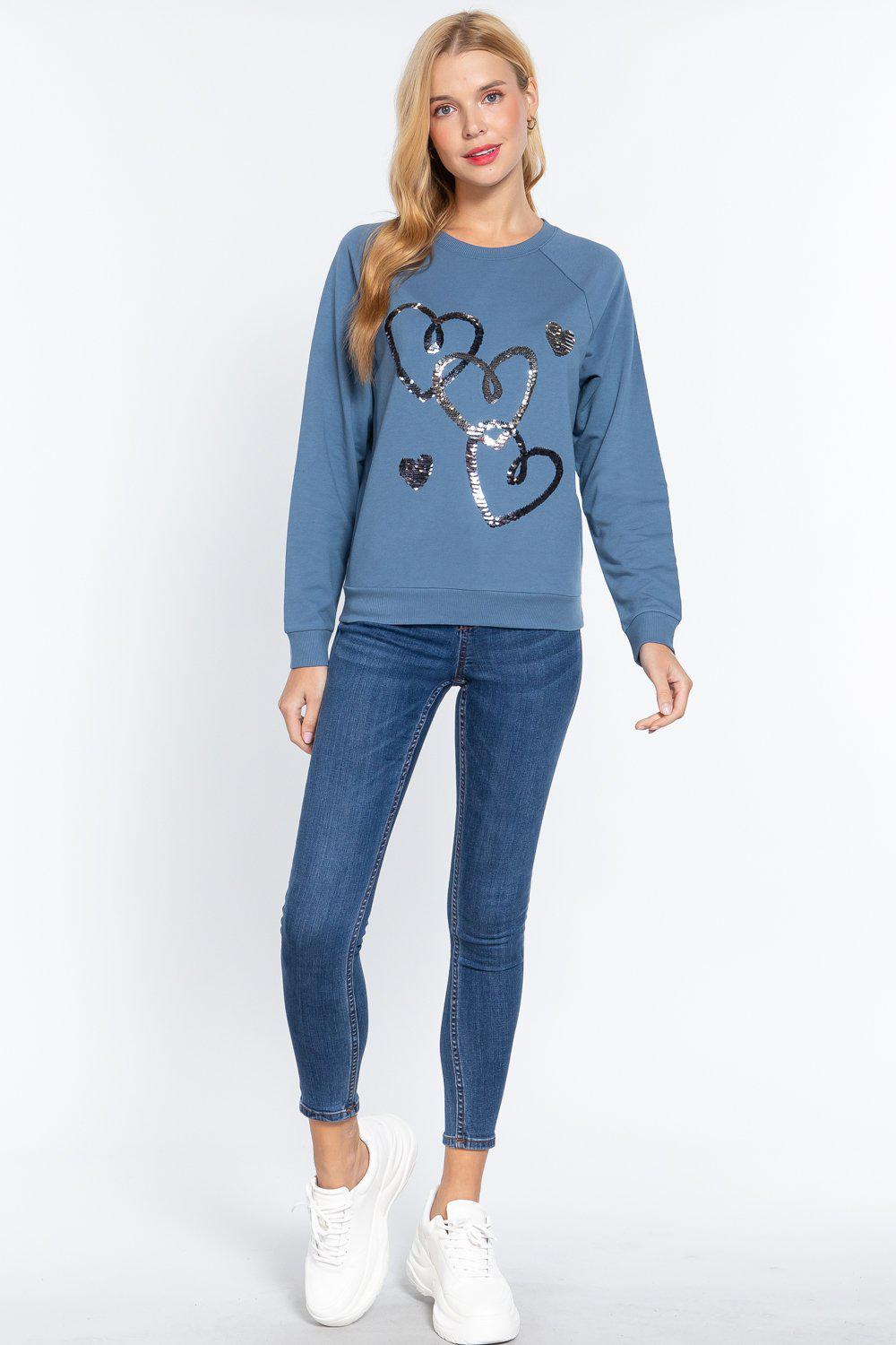Valentine Hearts Sequins French Terry Pullover Top Blue Zone Planet