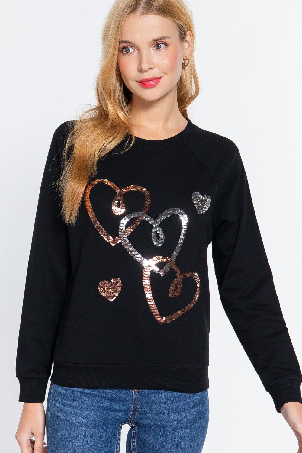 Valentine Hearts Sequins French Terry Pullover Top Blue Zone Planet