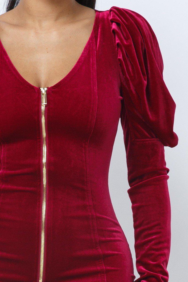 Valentine Red Soft Velvet Pleated Puff Sleeve Low V Neck Front And Back Mini Dress Blue Zone Planet