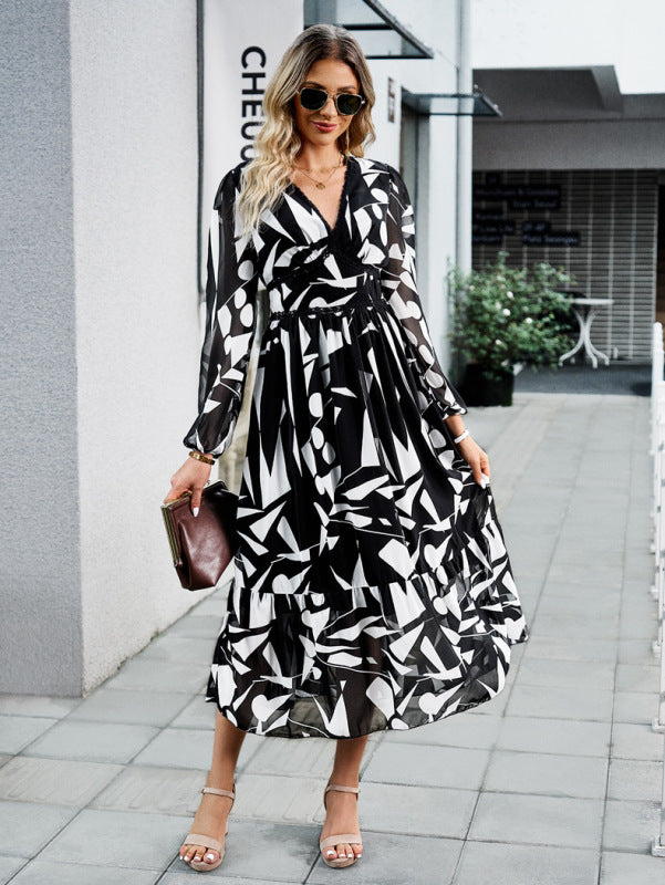 resort printed V-neck long-sleeved dress BLUE ZONE PLANET