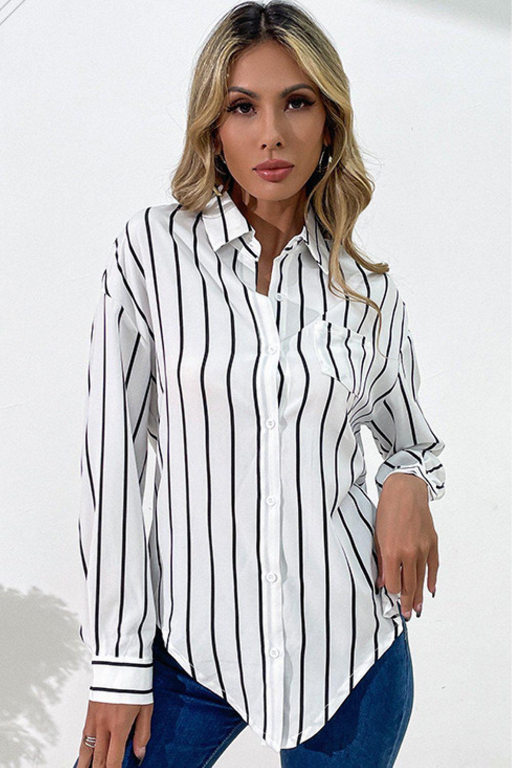 Vertical Stripes Button Down Shirt BLUE ZONE PLANET