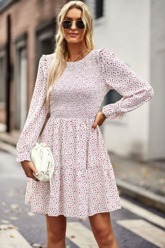 Round neck floral dress spring and summer long-sleeved all-match A-line skirt BLUE ZONE PLANET