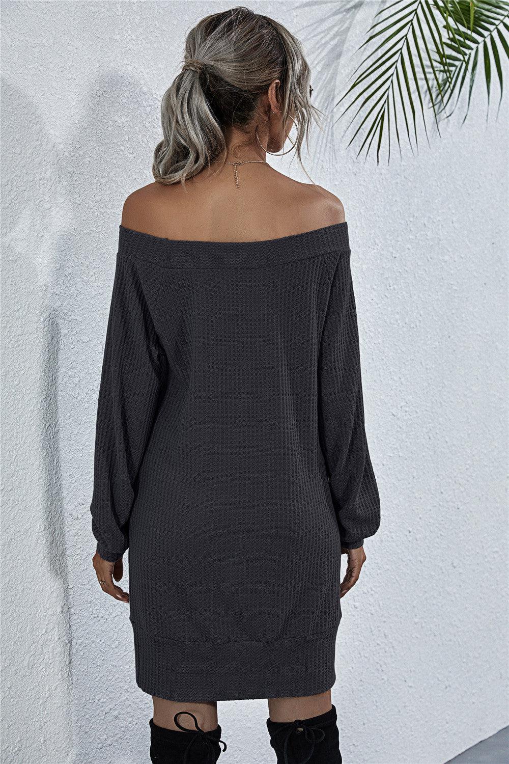 Waffle-Knit Boat Neck Mini Dress BLUE ZONE PLANET