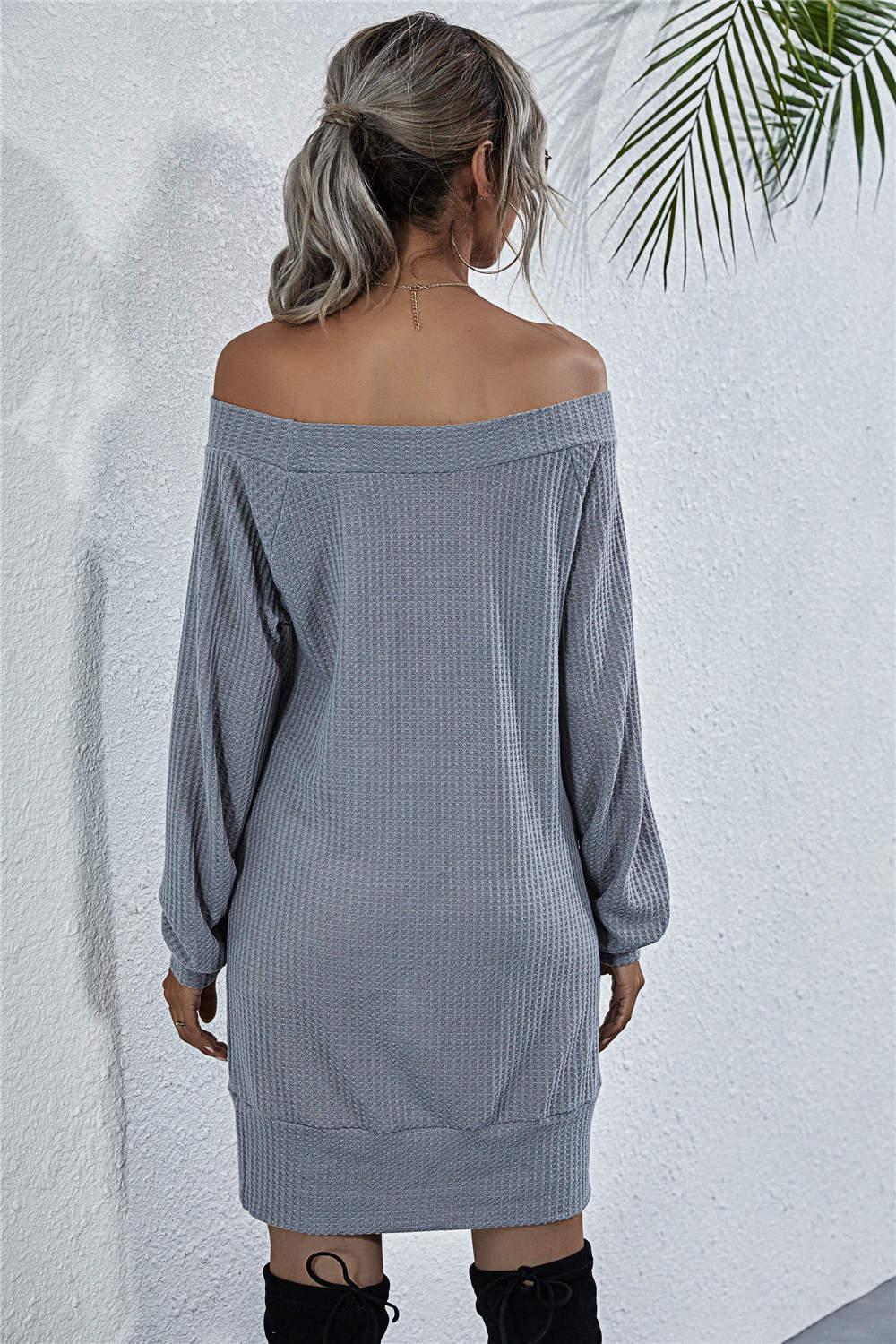 Waffle-Knit Boat Neck Mini Dress BLUE ZONE PLANET