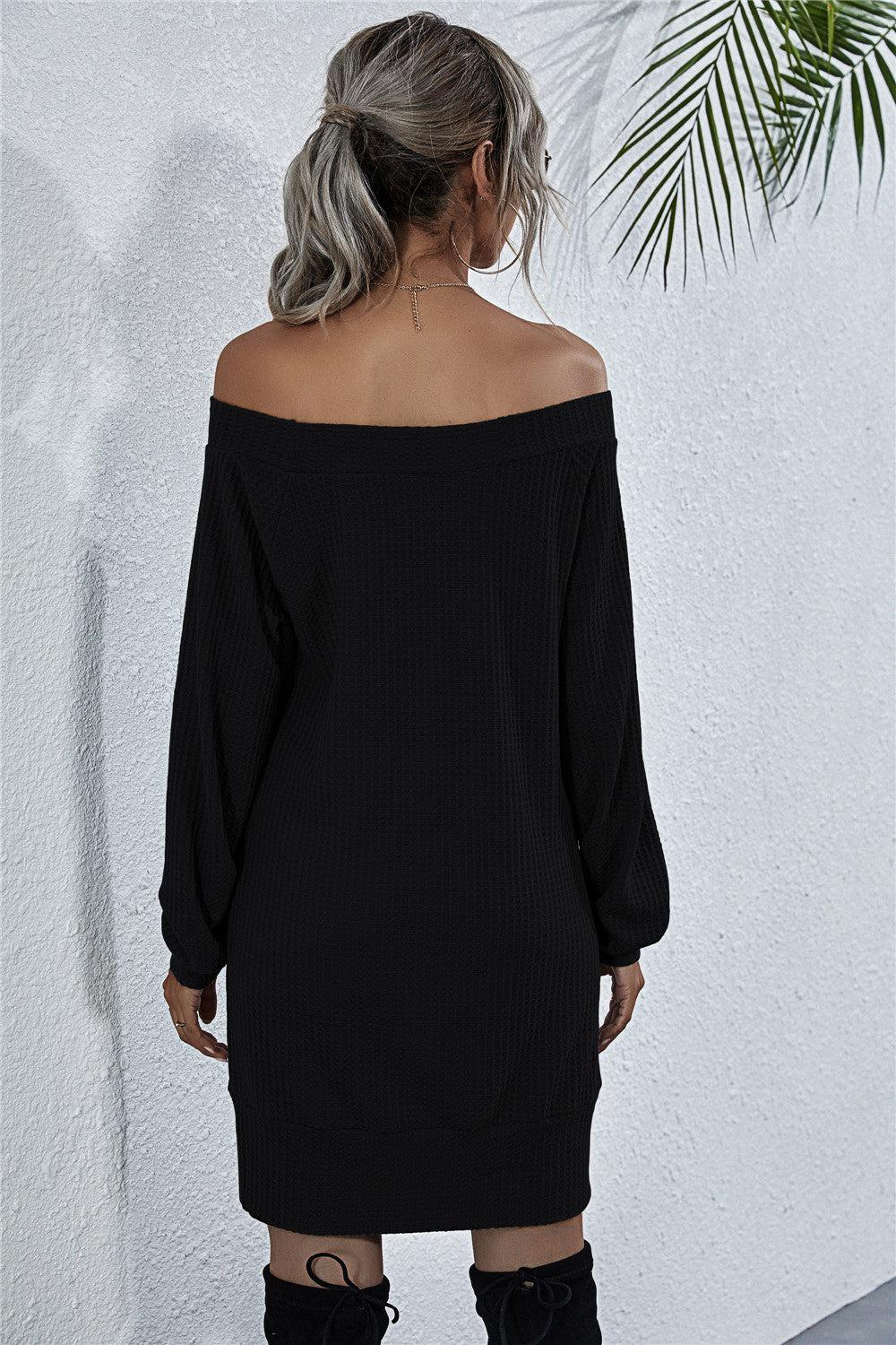 Waffle-Knit Boat Neck Mini Dress BLUE ZONE PLANET
