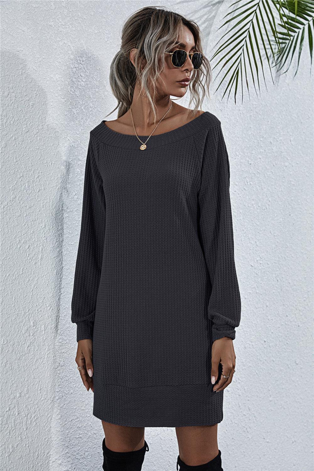 Waffle-Knit Boat Neck Mini Dress BLUE ZONE PLANET
