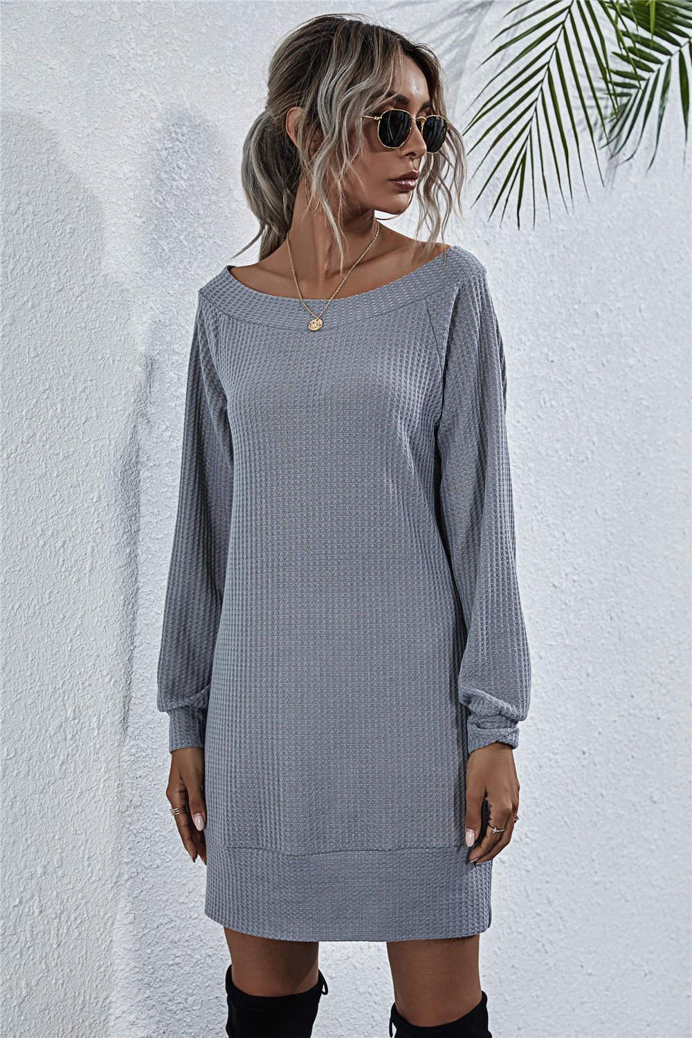 Waffle-Knit Boat Neck Mini Dress BLUE ZONE PLANET