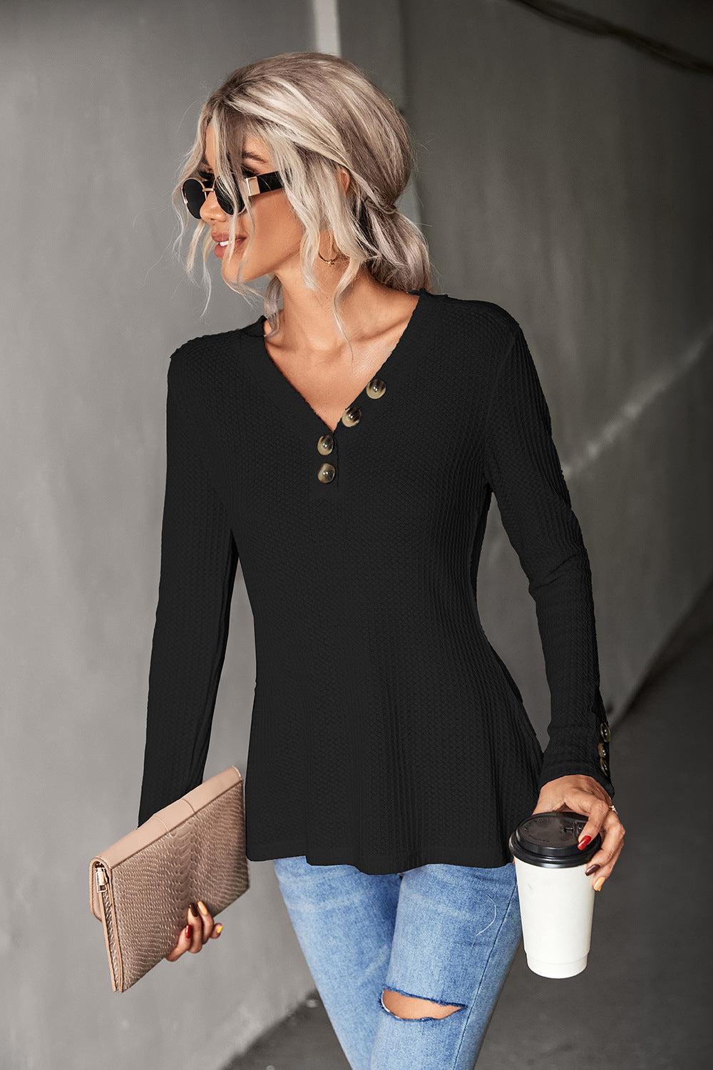 Waffle-Knit Button Detail V-Neck Top BLUE ZONE PLANET