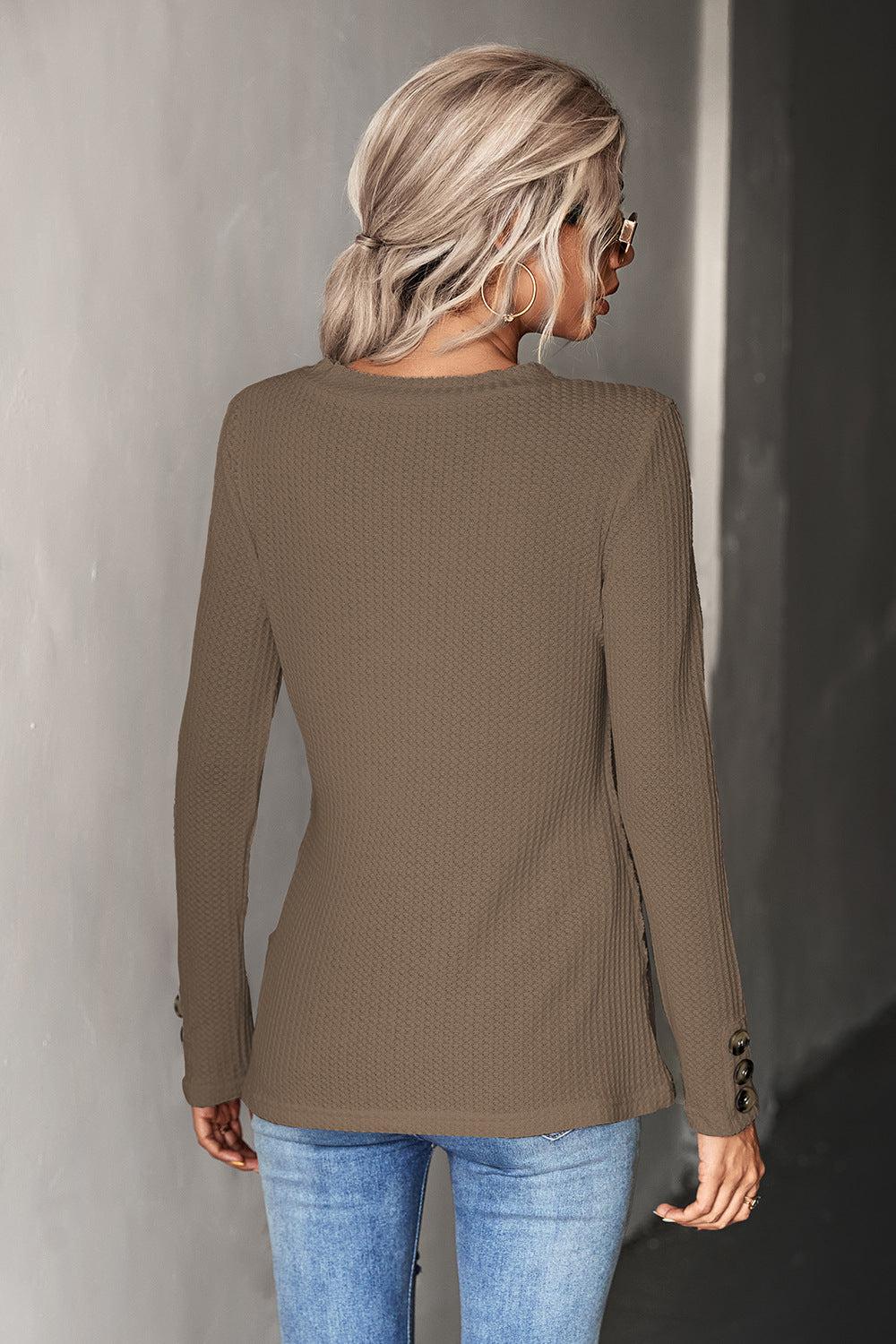 Waffle-Knit Button Detail V-Neck Top BLUE ZONE PLANET