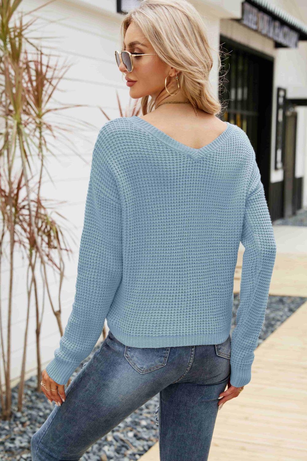 Waffle-Knit Drawstring Detail V-Neck Sweater BLUE ZONE PLANET