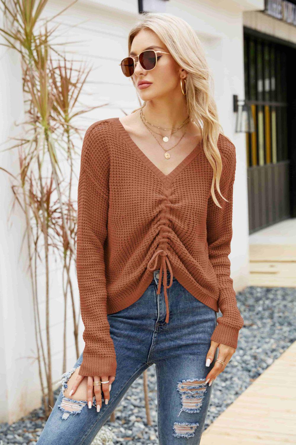 Waffle-Knit Drawstring Detail V-Neck Sweater BLUE ZONE PLANET
