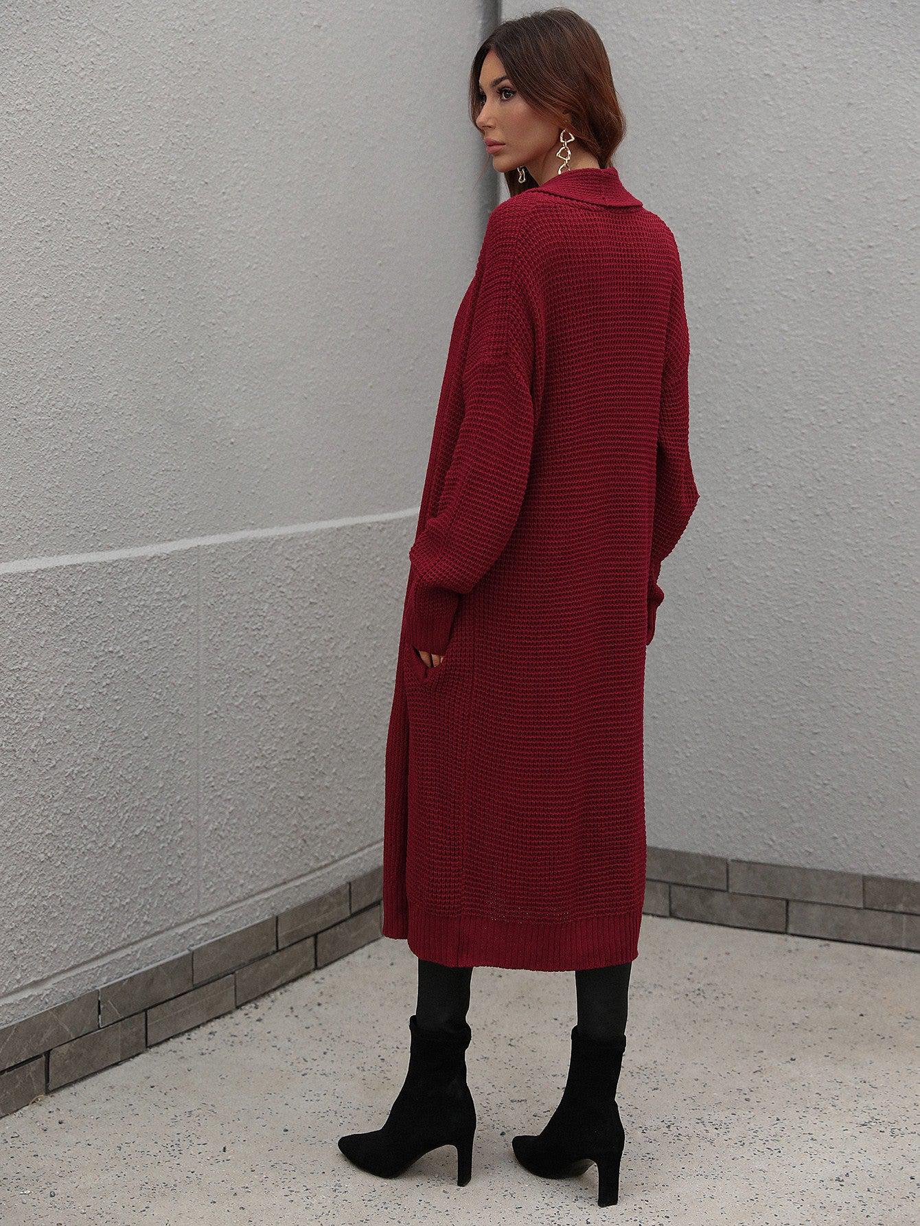 Waffle Knit Open Front Duster Cardigan With Pockets BLUE ZONE PLANET