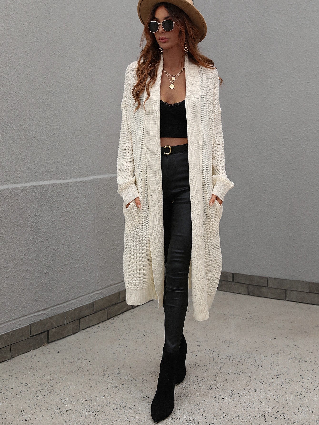 Waffle Knit Open Front Duster Cardigan With Pockets BLUE ZONE PLANET