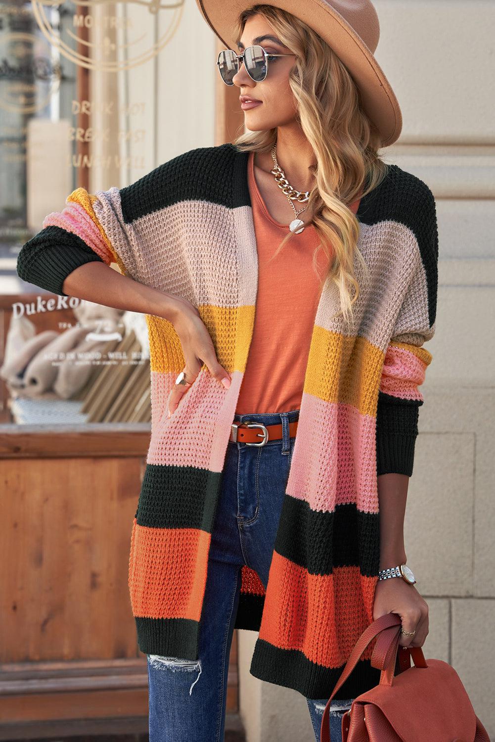 Waffle Knit Striped Open Front Cardigan BLUE ZONE PLANET
