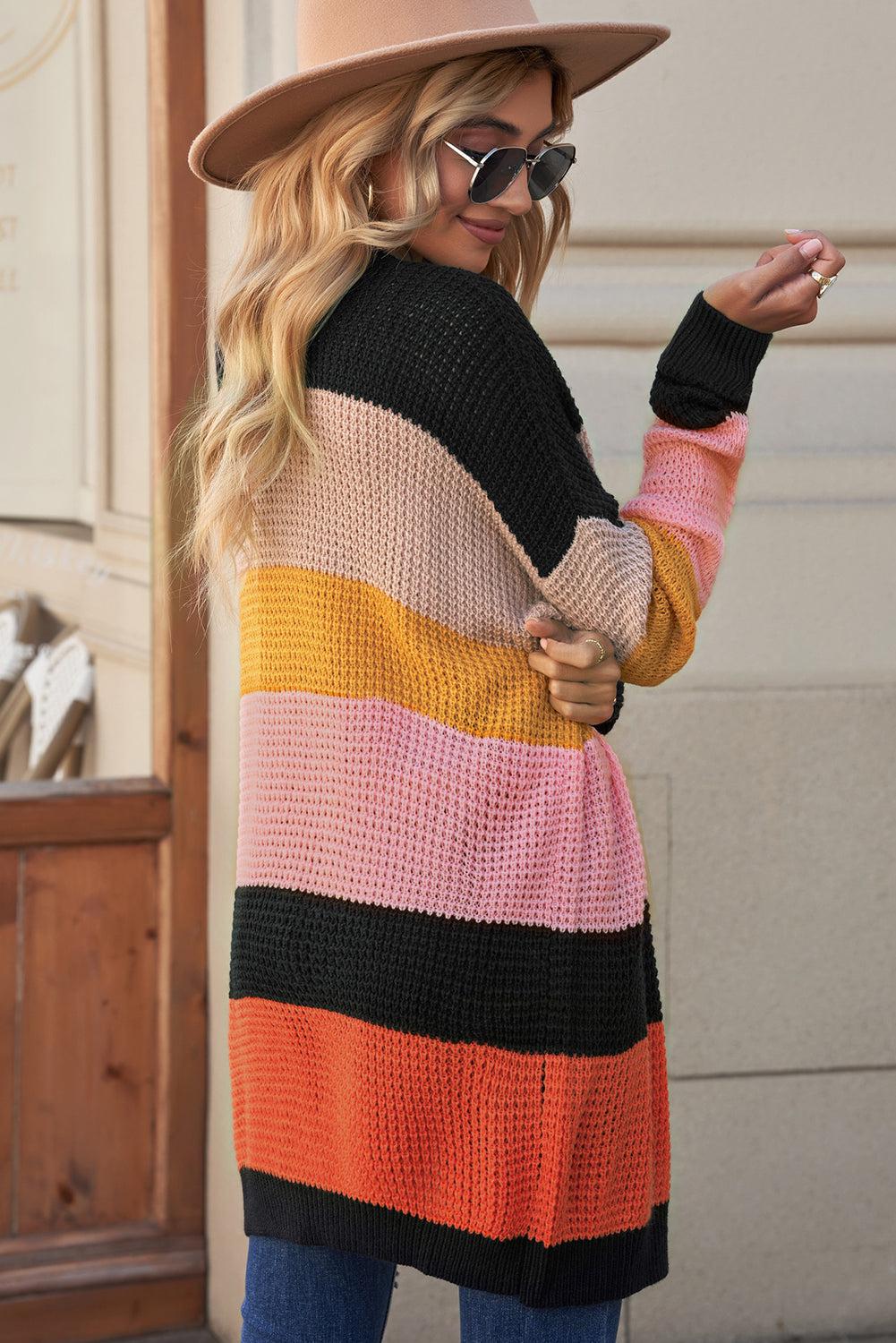 Waffle Knit Striped Open Front Cardigan BLUE ZONE PLANET