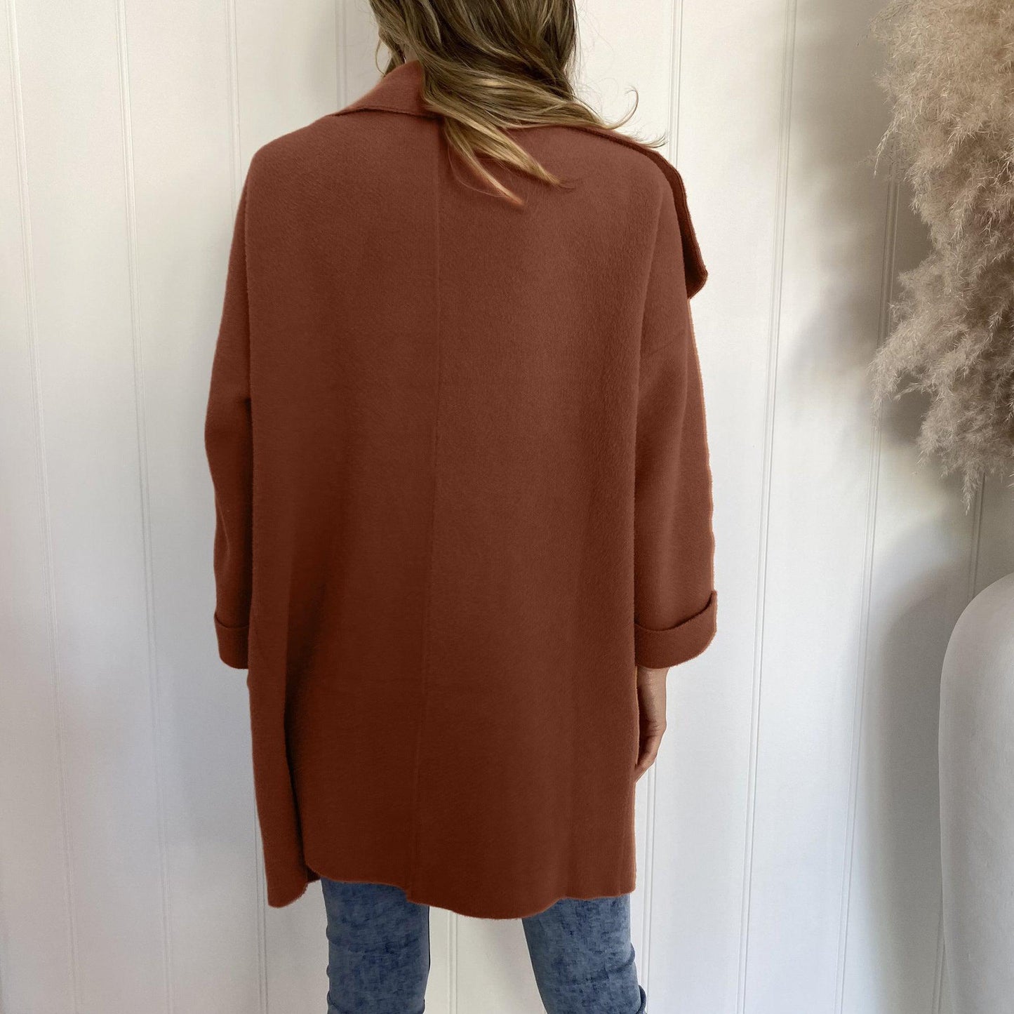 Waterfall Collar Brushed Longline Coat with Pockets BLUE ZONE PLANET