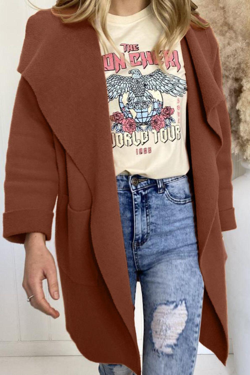 Waterfall Collar Brushed Longline Coat with Pockets BLUE ZONE PLANET