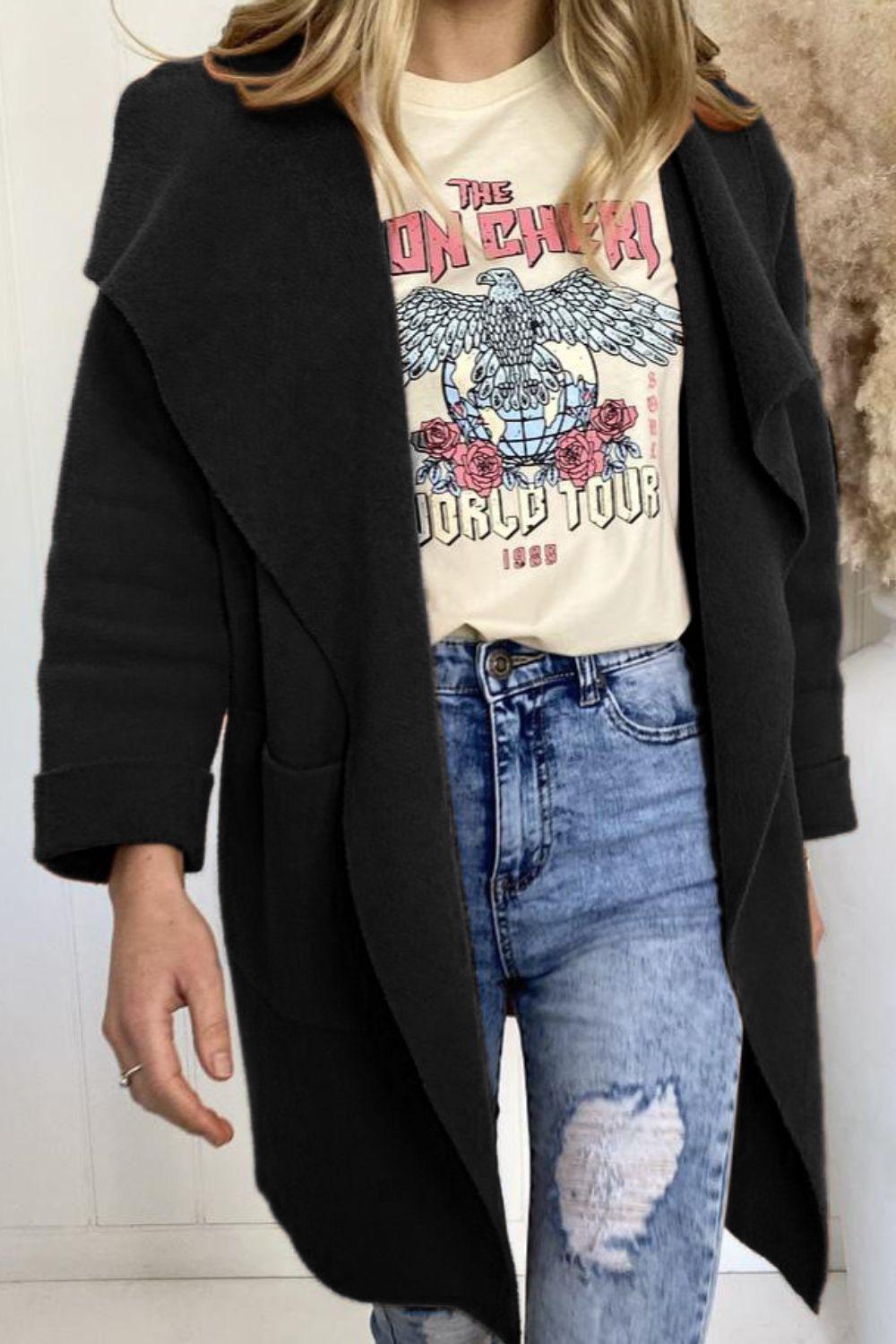 Waterfall Collar Brushed Longline Coat with Pockets BLUE ZONE PLANET